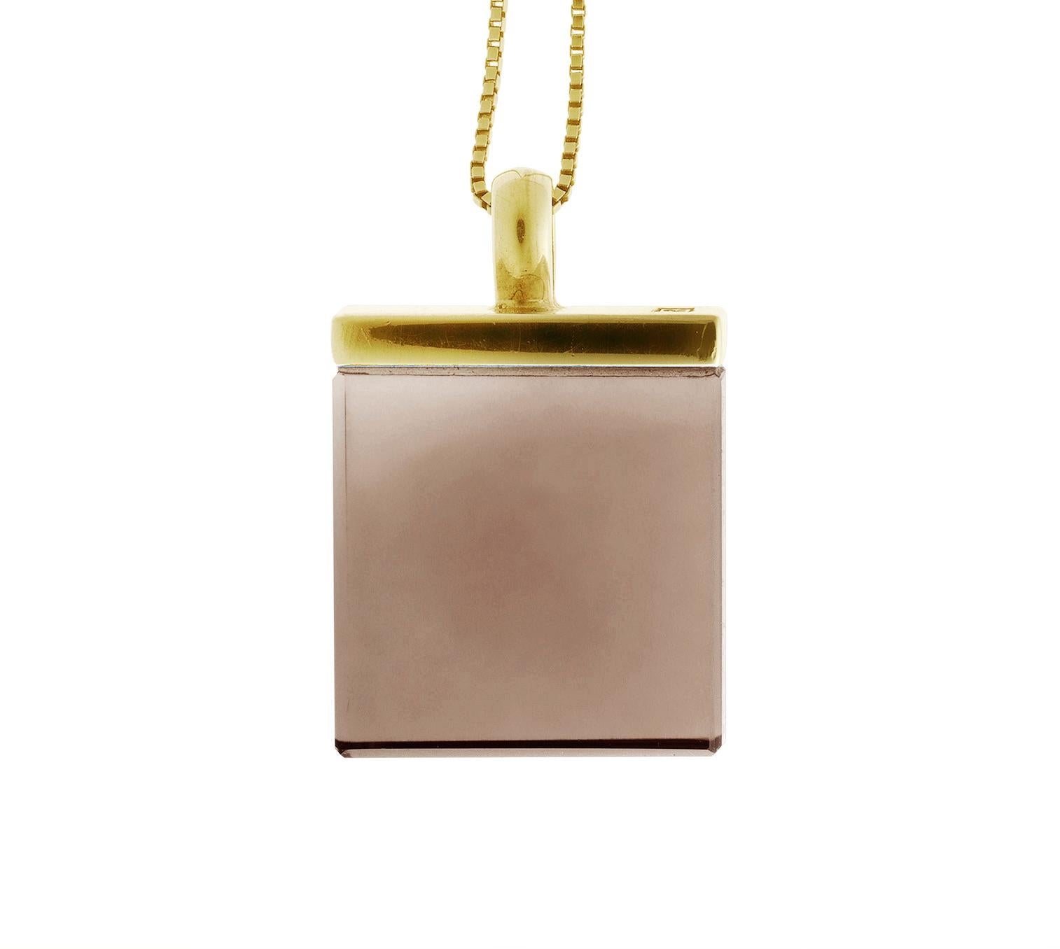 This art deco style pendant necklace is in 18 karat yellow gold with the big 15x15x8 mm size smoky quartz, cut for the artist. It belongs to the Ink collection, featured in Harper's Bazaar and Vogue UA published issues. This piece can be personally