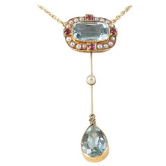 Art Nouveau Aqua Ruby and Pearl Necklace in 18 Karat Yellow Gold