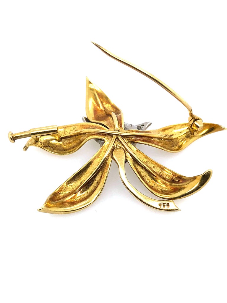 18 Karat Yellow Gold Art Nouveau Diamond and Pearl Set Flower Brooch ...