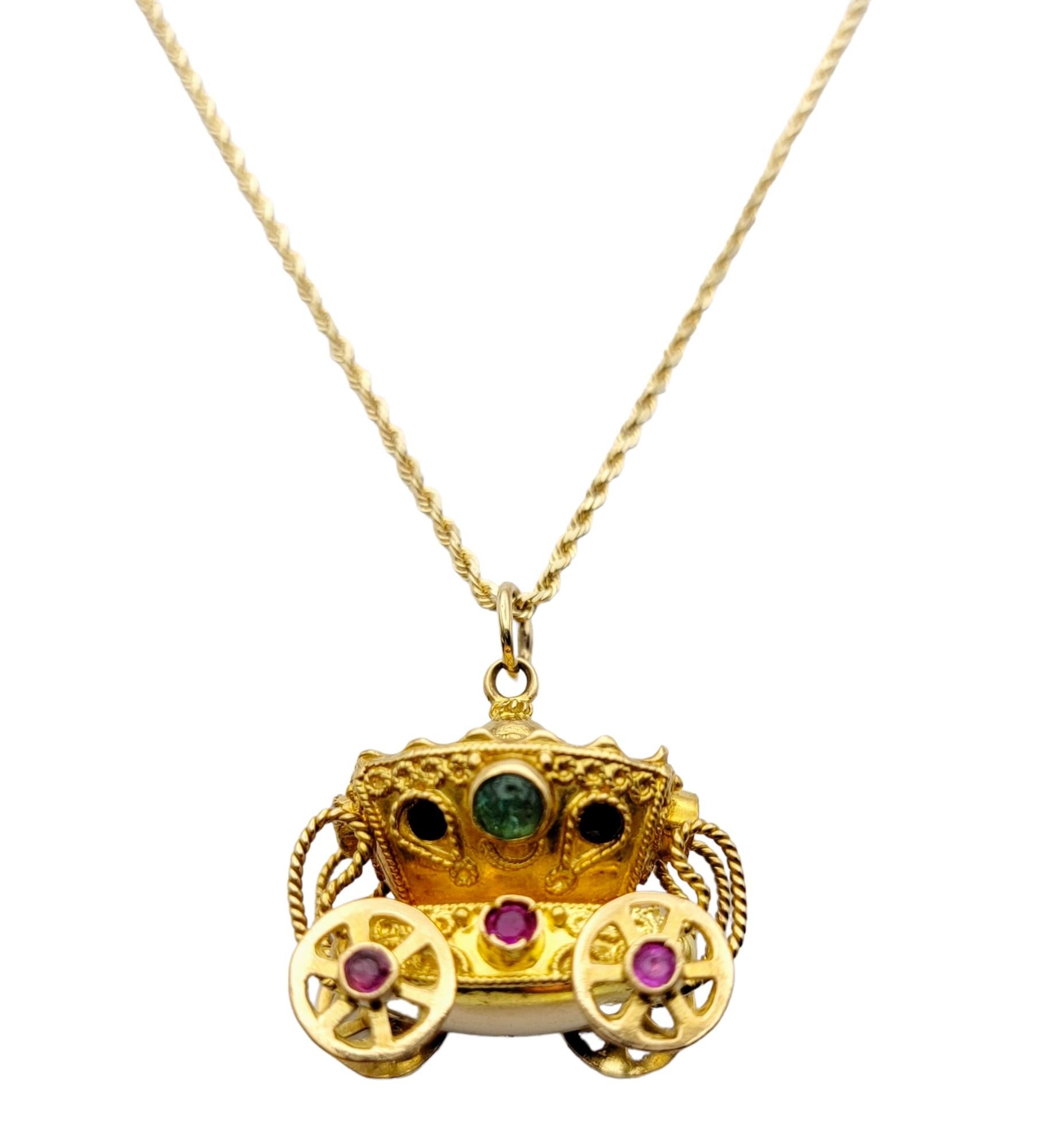 18 Karat Yellow Gold Rolling 3d Carriage Charm or Pendant with Multi Gemstones For Sale 3