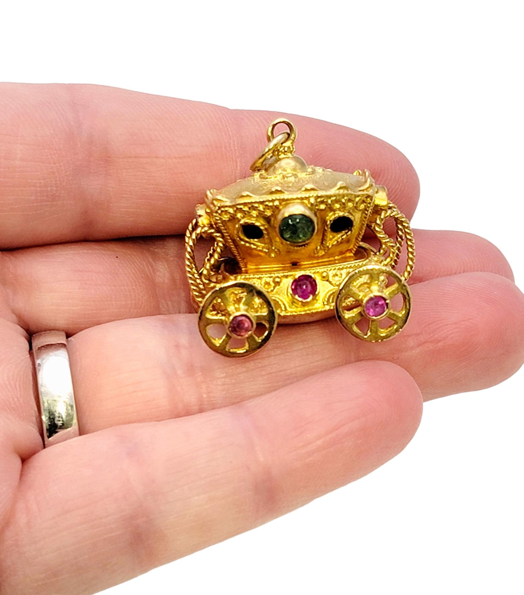 18 Karat Yellow Gold Rolling 3d Carriage Charm or Pendant with Multi Gemstones For Sale 5