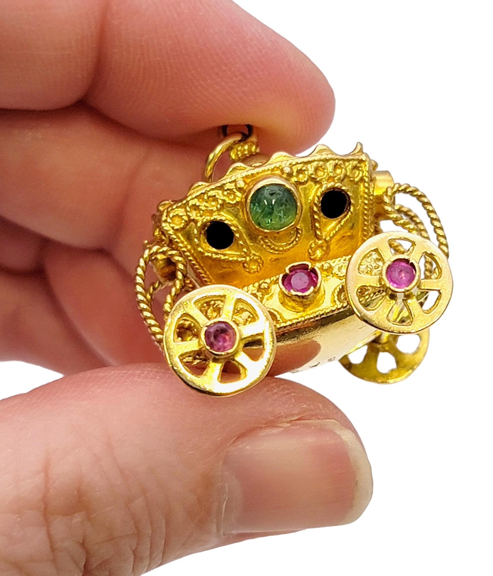 18 Karat Yellow Gold Rolling 3d Carriage Charm or Pendant with Multi Gemstones For Sale 6