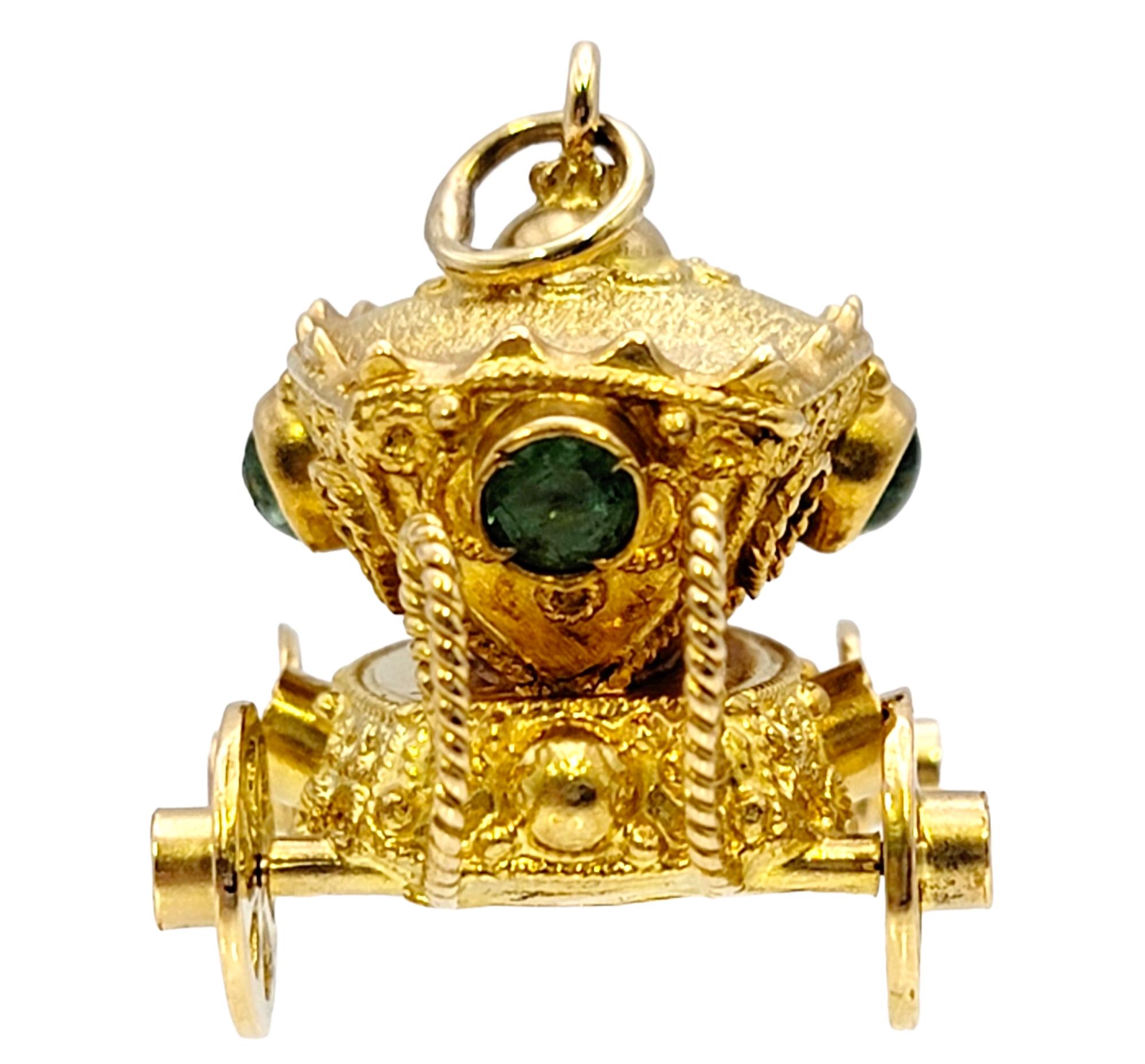 Contemporary 18 Karat Yellow Gold Rolling 3d Carriage Charm or Pendant with Multi Gemstones For Sale