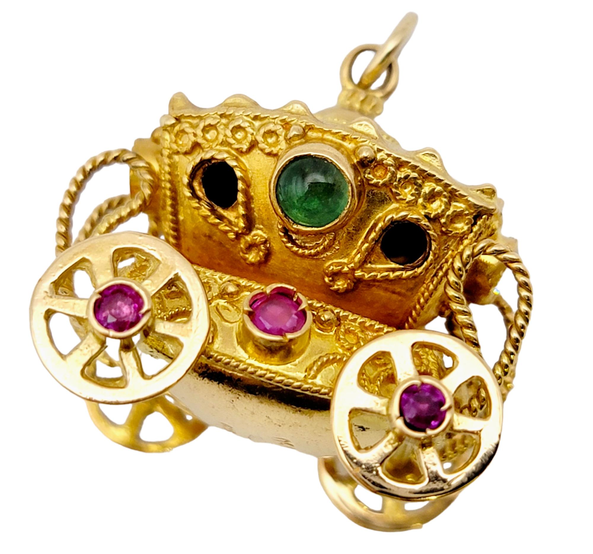 Round Cut 18 Karat Yellow Gold Rolling 3d Carriage Charm or Pendant with Multi Gemstones For Sale