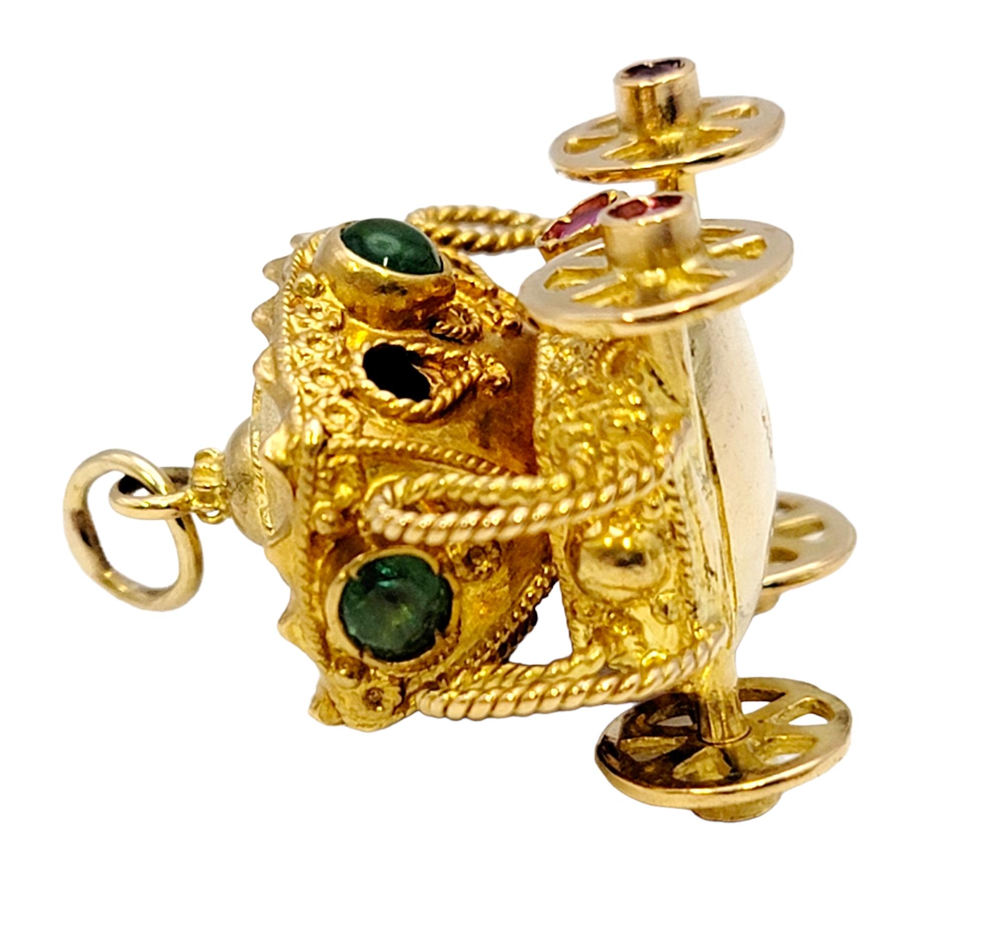 Women's 18 Karat Yellow Gold Rolling 3d Carriage Charm or Pendant with Multi Gemstones For Sale