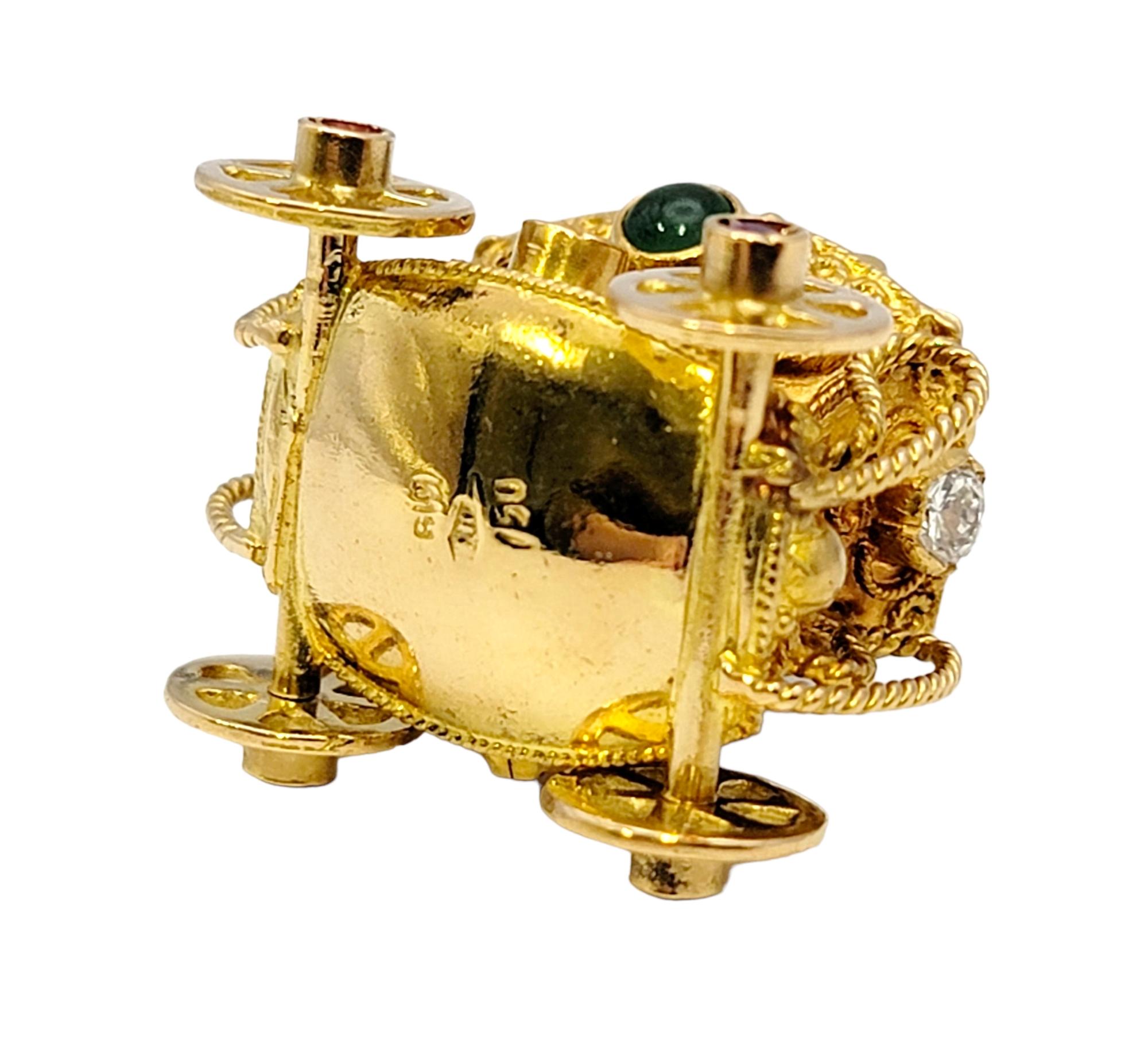 18 Karat Yellow Gold Rolling 3d Carriage Charm or Pendant with Multi Gemstones For Sale 2