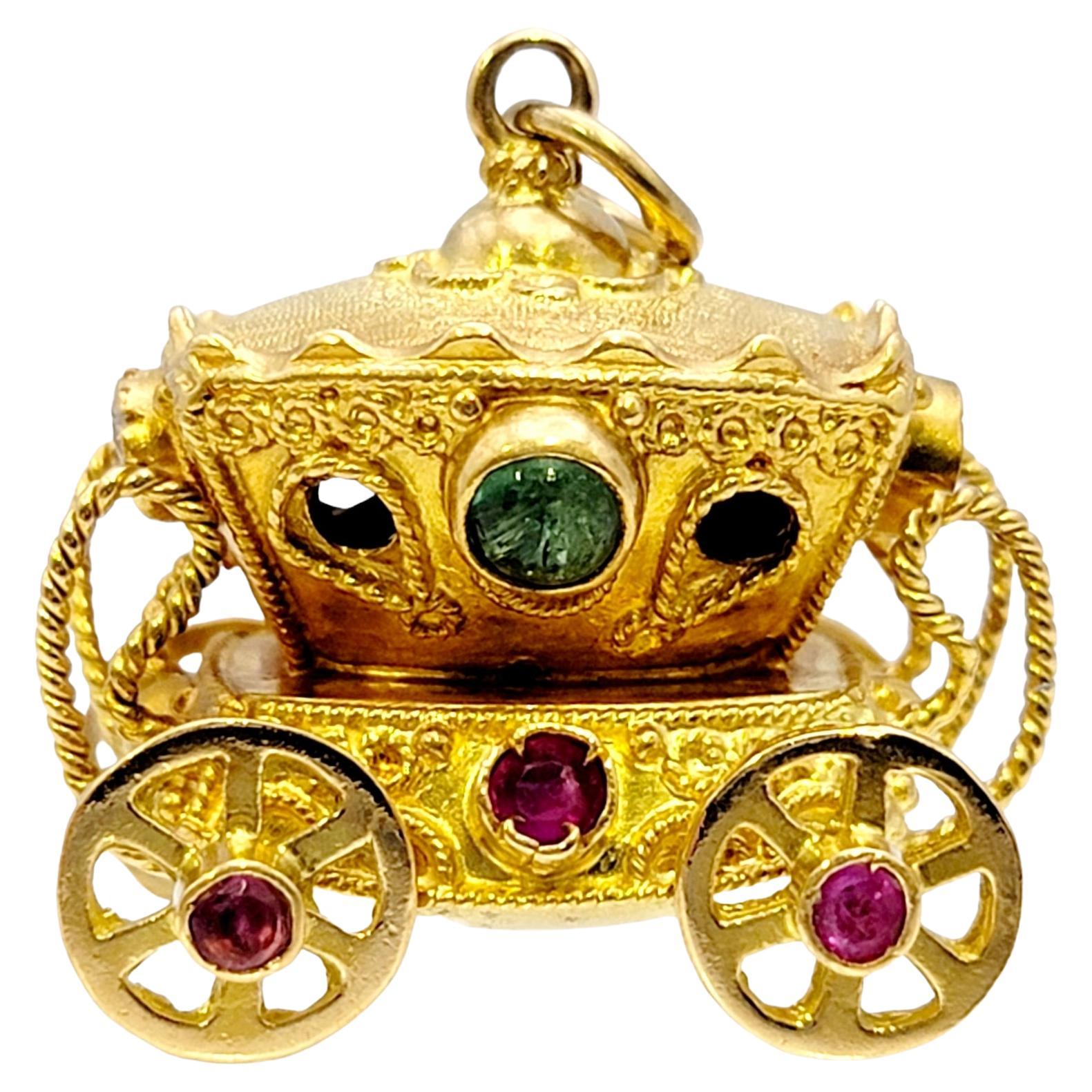 18 Karat Yellow Gold Rolling 3d Carriage Charm or Pendant with Multi Gemstones For Sale