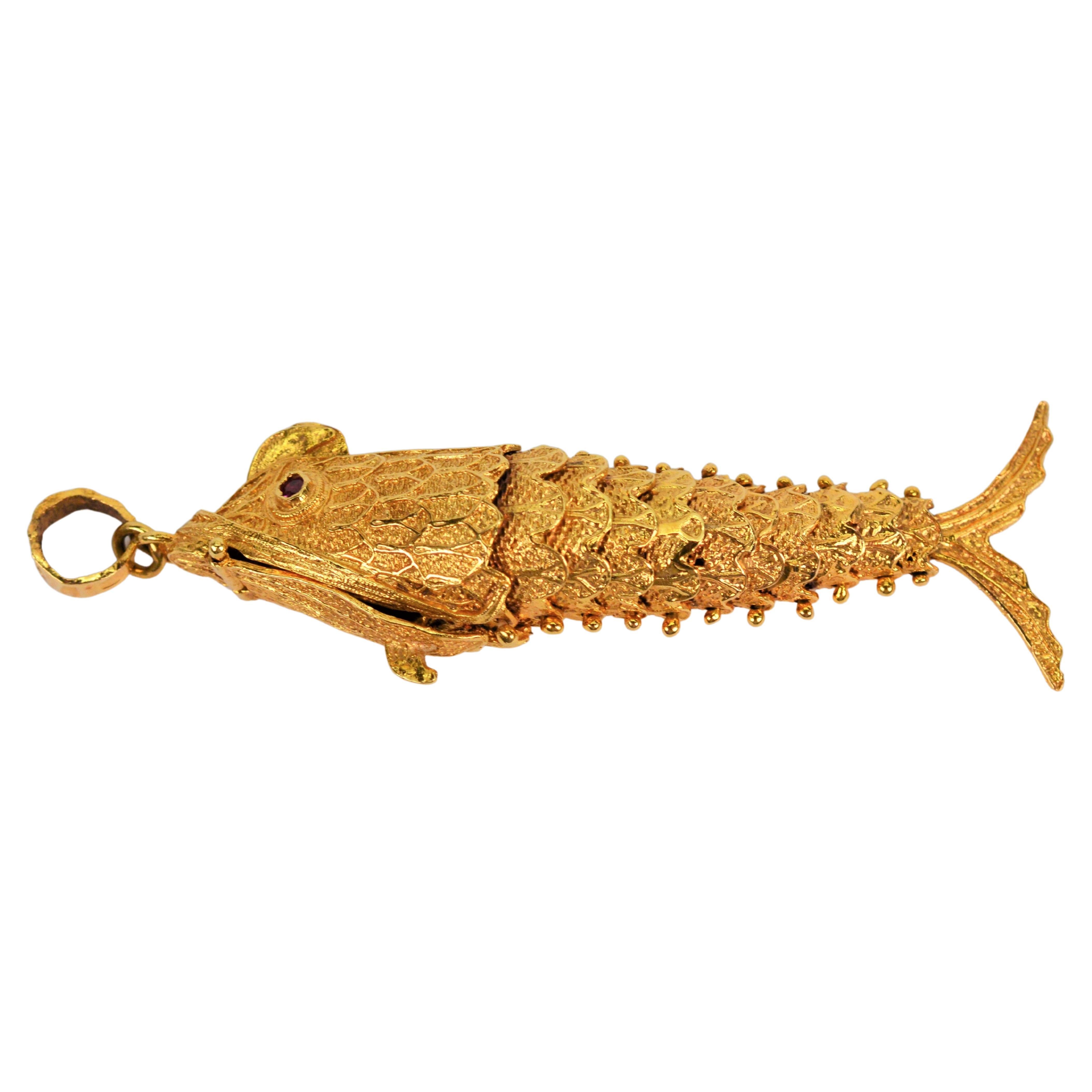 18 Karat Yellow Gold Articulated Fish Pendant w Ruby Eyes and Hidden Compartment For Sale