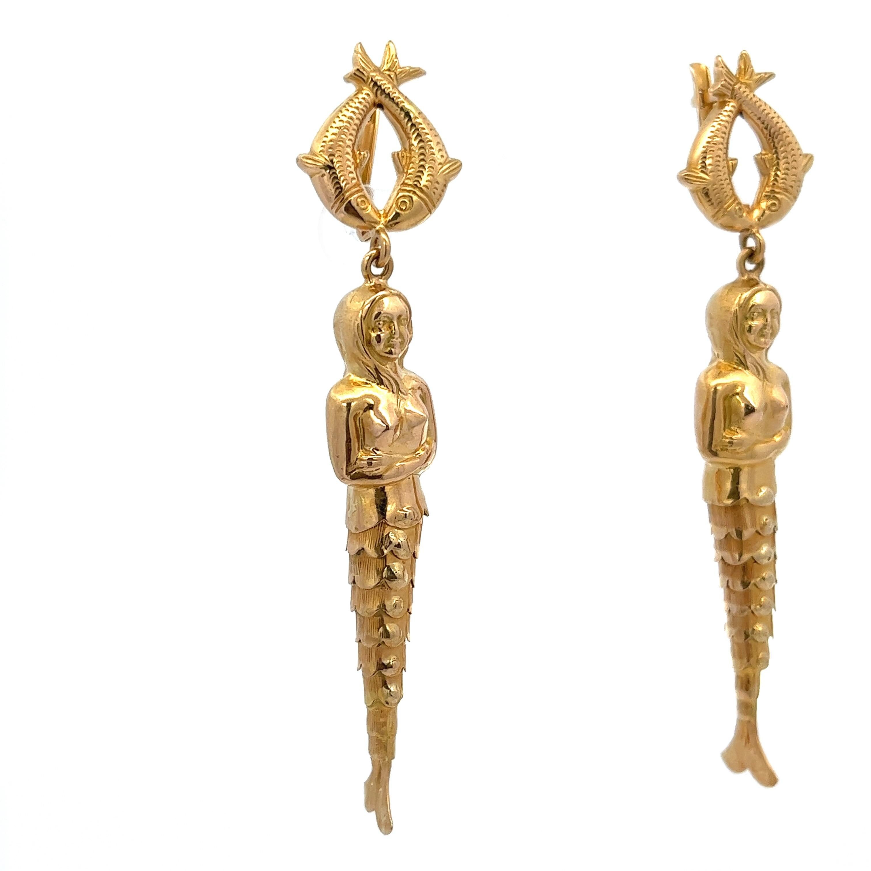 Modern 18 Karat Yellow Gold Articulated Mermaid Earrings