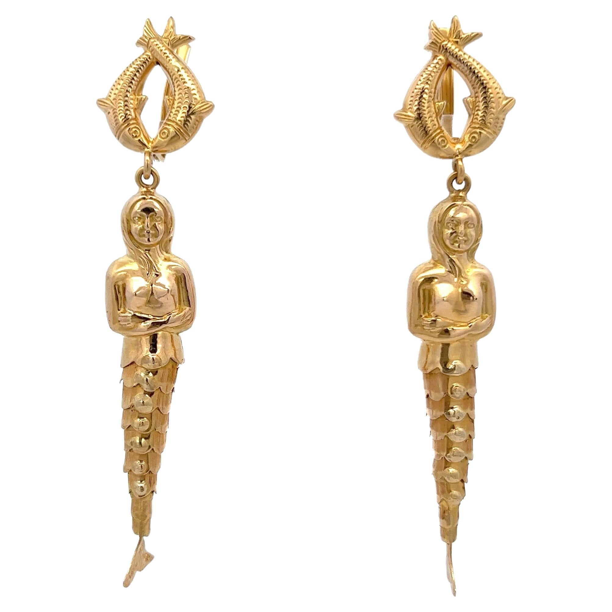 18 Karat Yellow Gold Articulated Mermaid Earrings