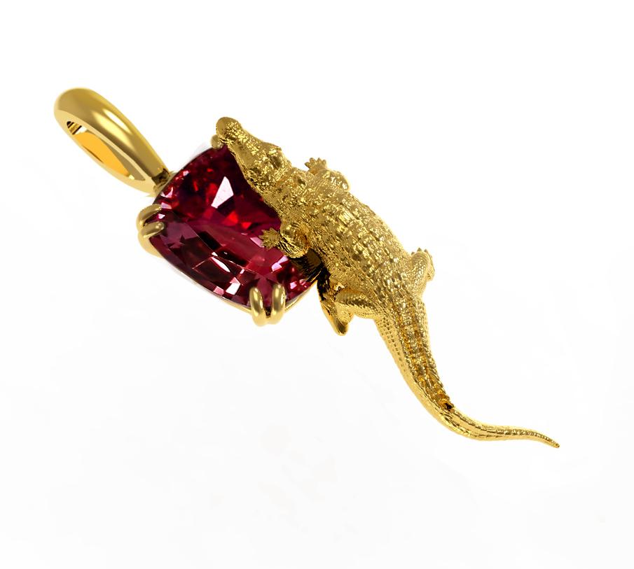 Yellow Gold Artist Brooch with Six Carats Perfect Malaia Garnet For Sale 6