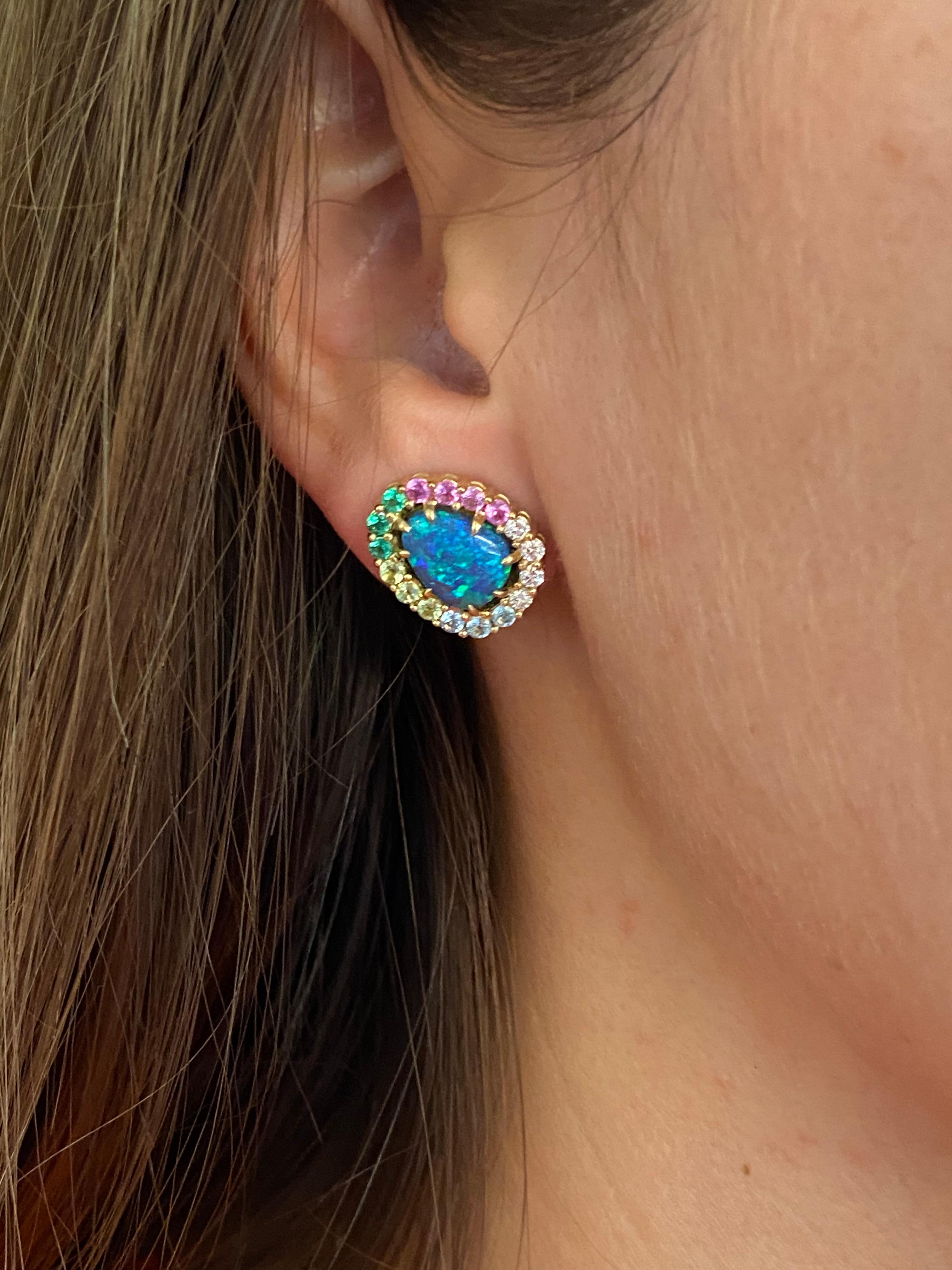 18 Karat Yellow Gold Australian Black Opal Rainbow Earrings For Sale 8