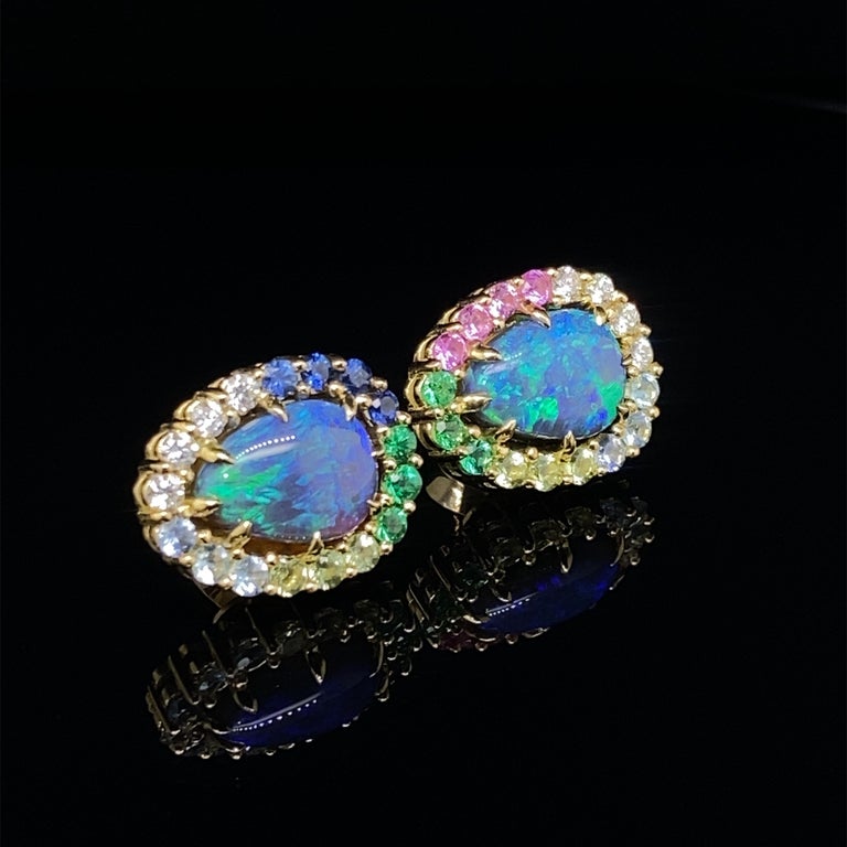 18 Karat Yellow Gold Australian Black Opal Rainbow Earrings For Sale 12