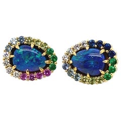 18 Karat Yellow Gold Australian Black Opal Rainbow Earrings