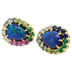 18 Karat Yellow Gold Australian Black Opal Rainbow Earrings