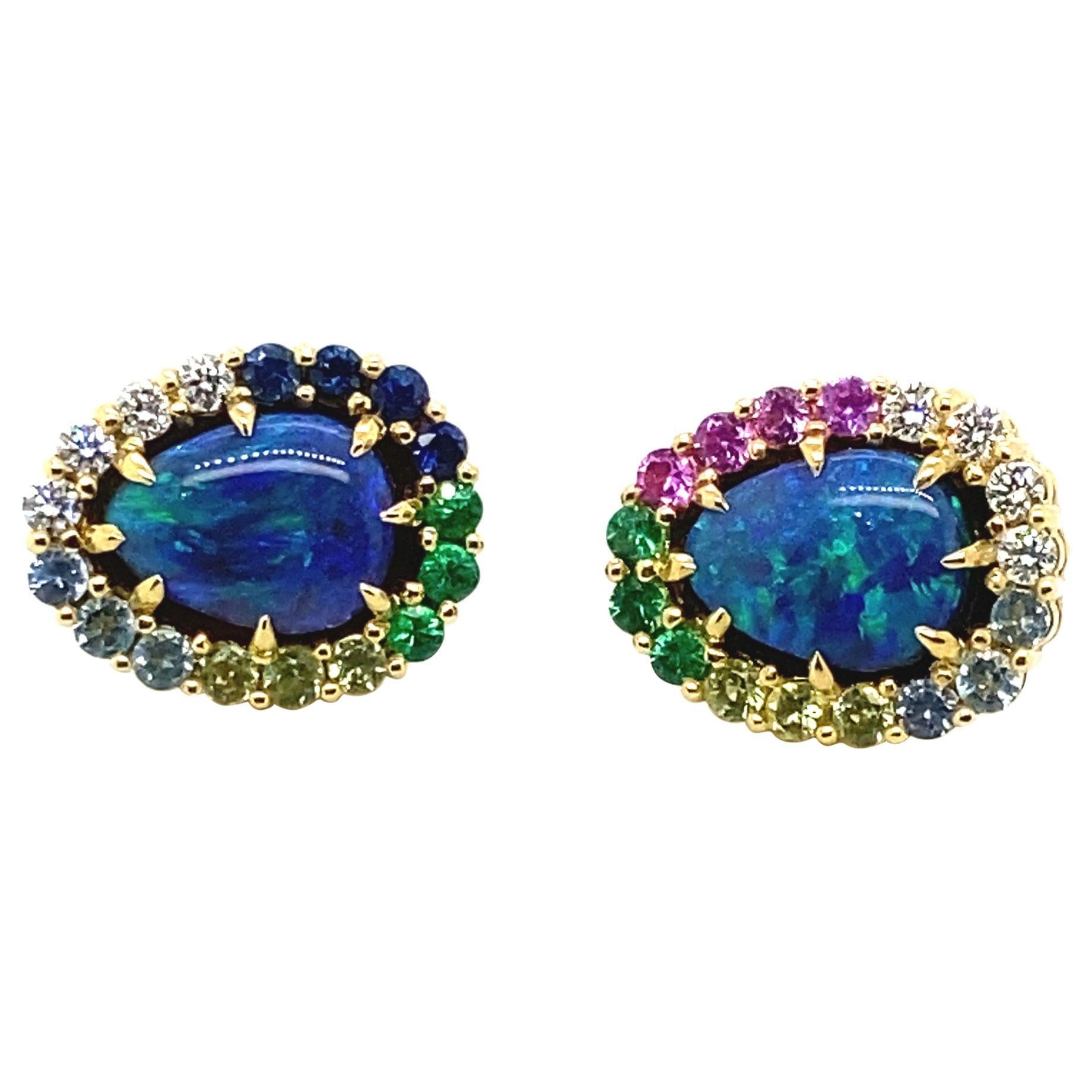 Women's or Men's 18 Karat Yellow Gold Australian Black Opal Rainbow Earrings For Sale