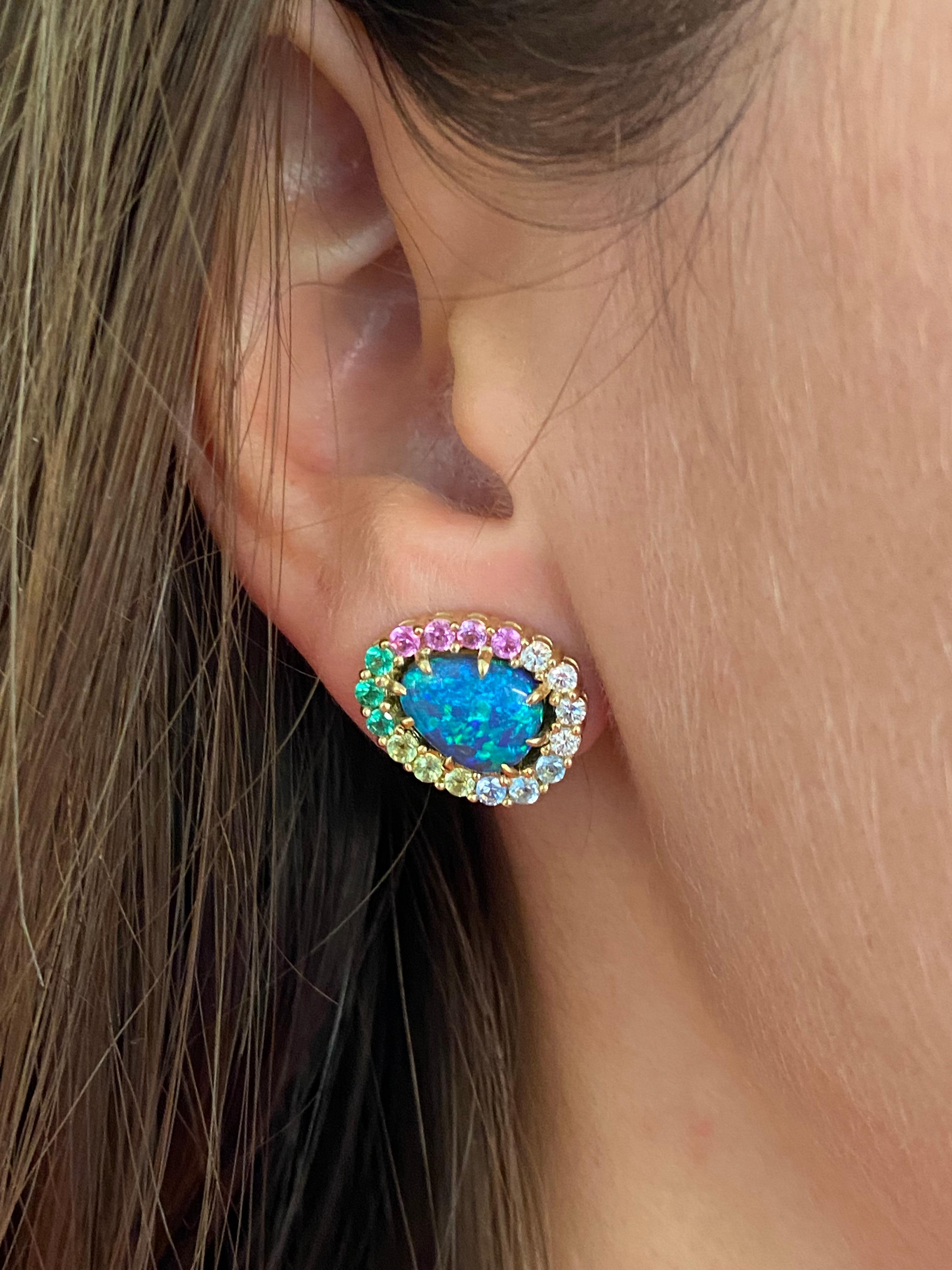 Cabochon 18 Karat Yellow Gold Australian Black Opal Rainbow Earrings