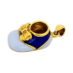 18 Karat Yellow Gold Baby Shoe Charm with Dark and Light Blue Enamel