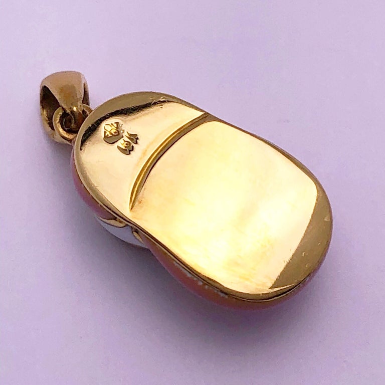 18 Karat Yellow Gold Baby Shoe Charm with Pink and White Enamel For