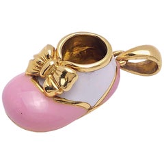 18 Karat Yellow Gold Baby Shoe Charm with Pink and White Enamel