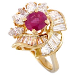 18 Karat Yellow Gold Baguette and Marquise Diamonds and Ruby Ring 18 Karat Yellow Gold Baguette and Marquise Diamonds and Ruby Ring