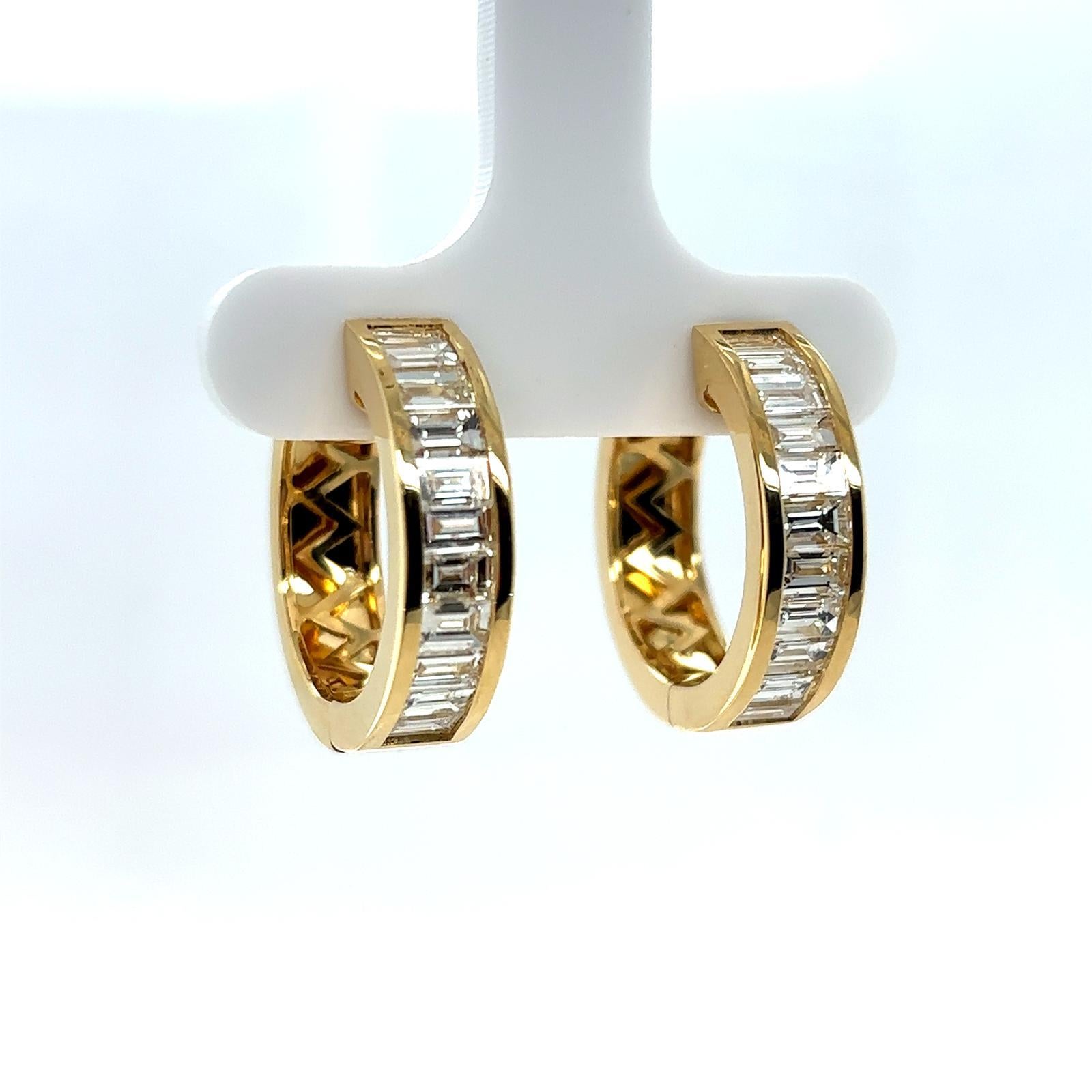 Modern 18 Karat Yellow Gold Baguette Cut Diamond Hoop Earrings For Sale