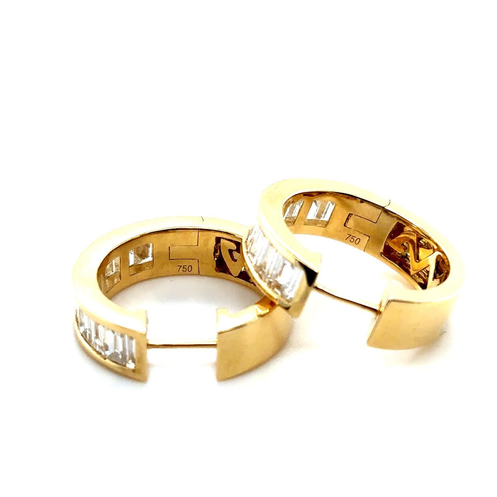 18 Karat Yellow Gold Baguette Cut Diamond Hoop Earrings For Sale 3