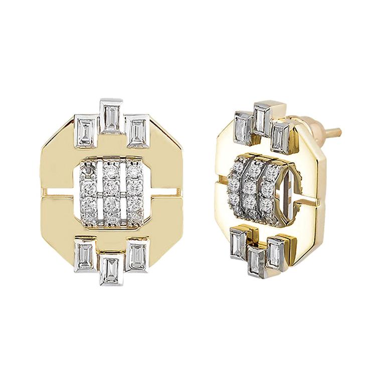 18 Karat Yellow Gold, Baguette Cut Diamond, Round Diamond, Audrey Earrings For Sale