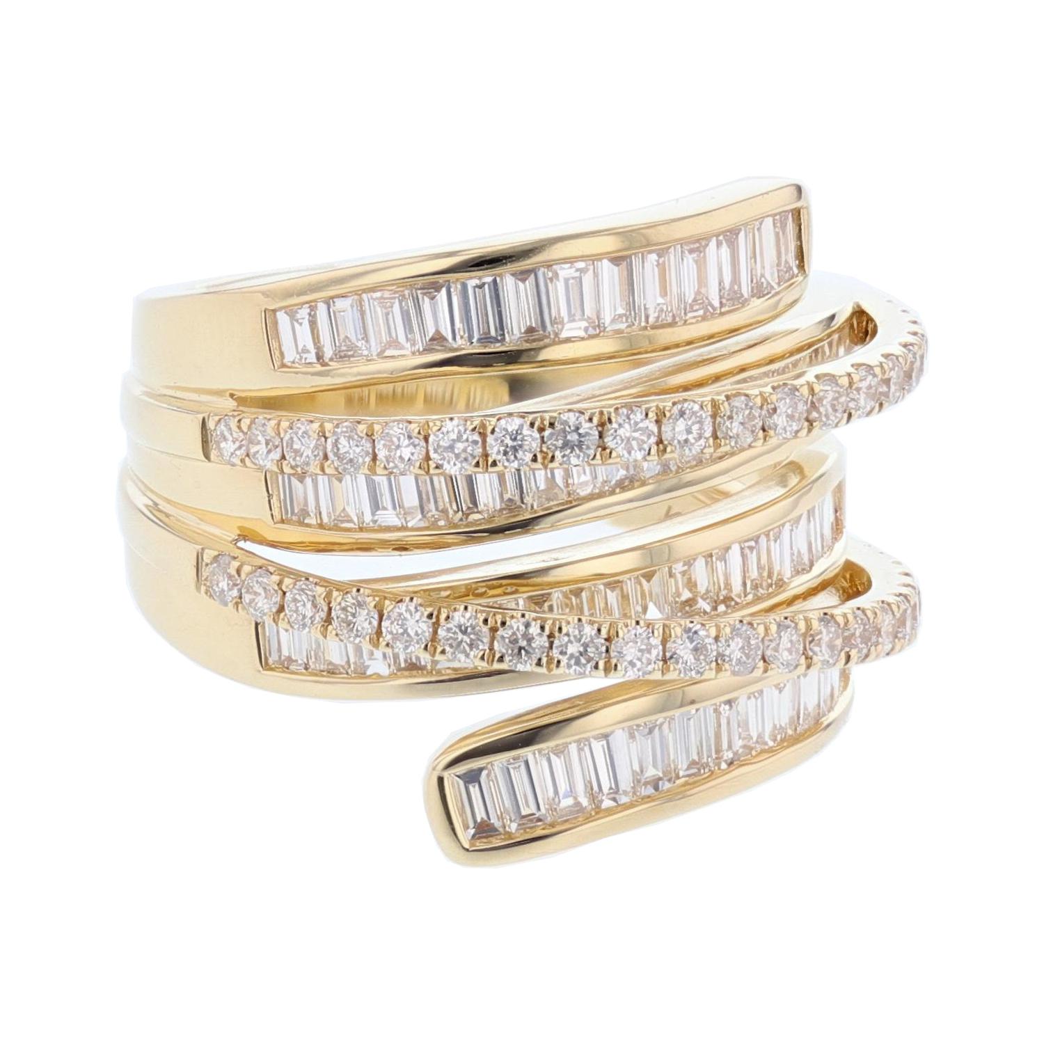 This ring is made in 18k yellow gold and features40 Round Cut, prong set Diamonds weighing 0.50 carats and 65 tapered Baguette Cut, channel set Diamonds weighing 1.20 carats with a color grade (I) and clarity grade (SI2). 