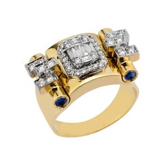18 Karat Yellow Gold, Baguette Diamond, Sapphire detailed Lizzy Greta Ring