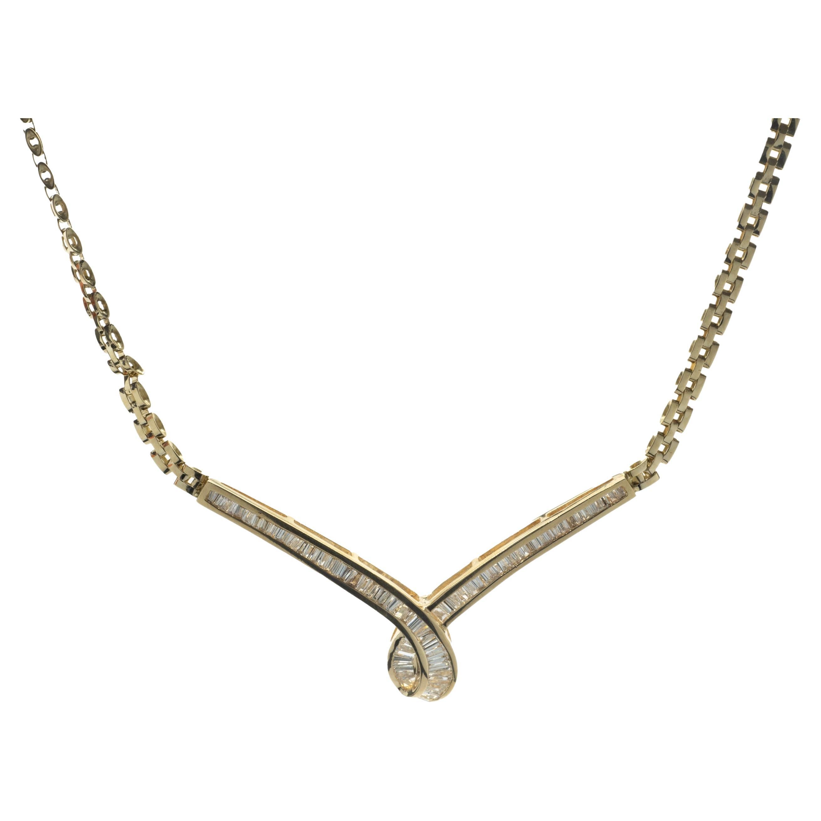 18 Karat Yellow Gold Baguette Diamond V Necklace