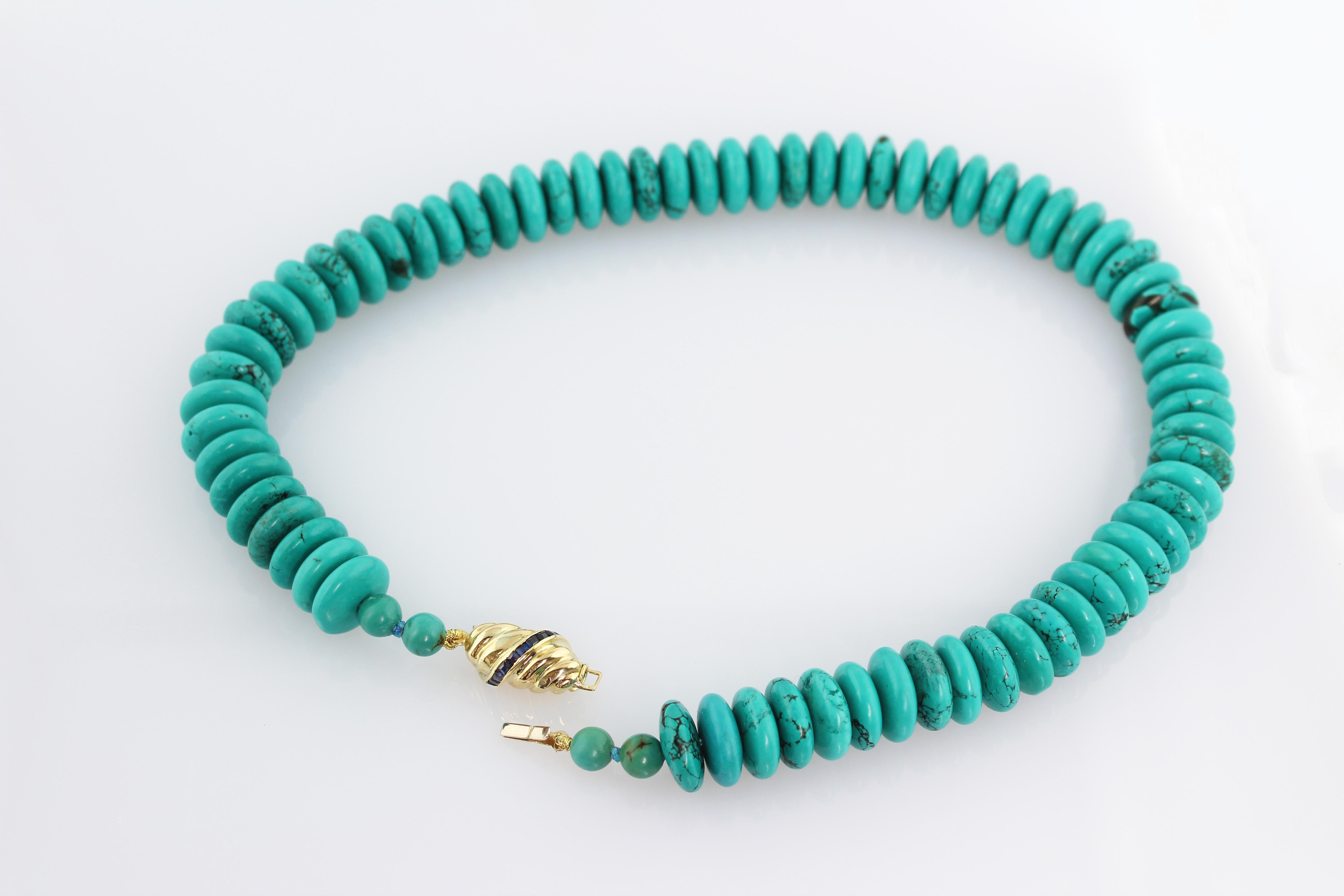 Women's 18 Karat Yellow Gold Baguette Sapphires Turquoise Bead Necklace