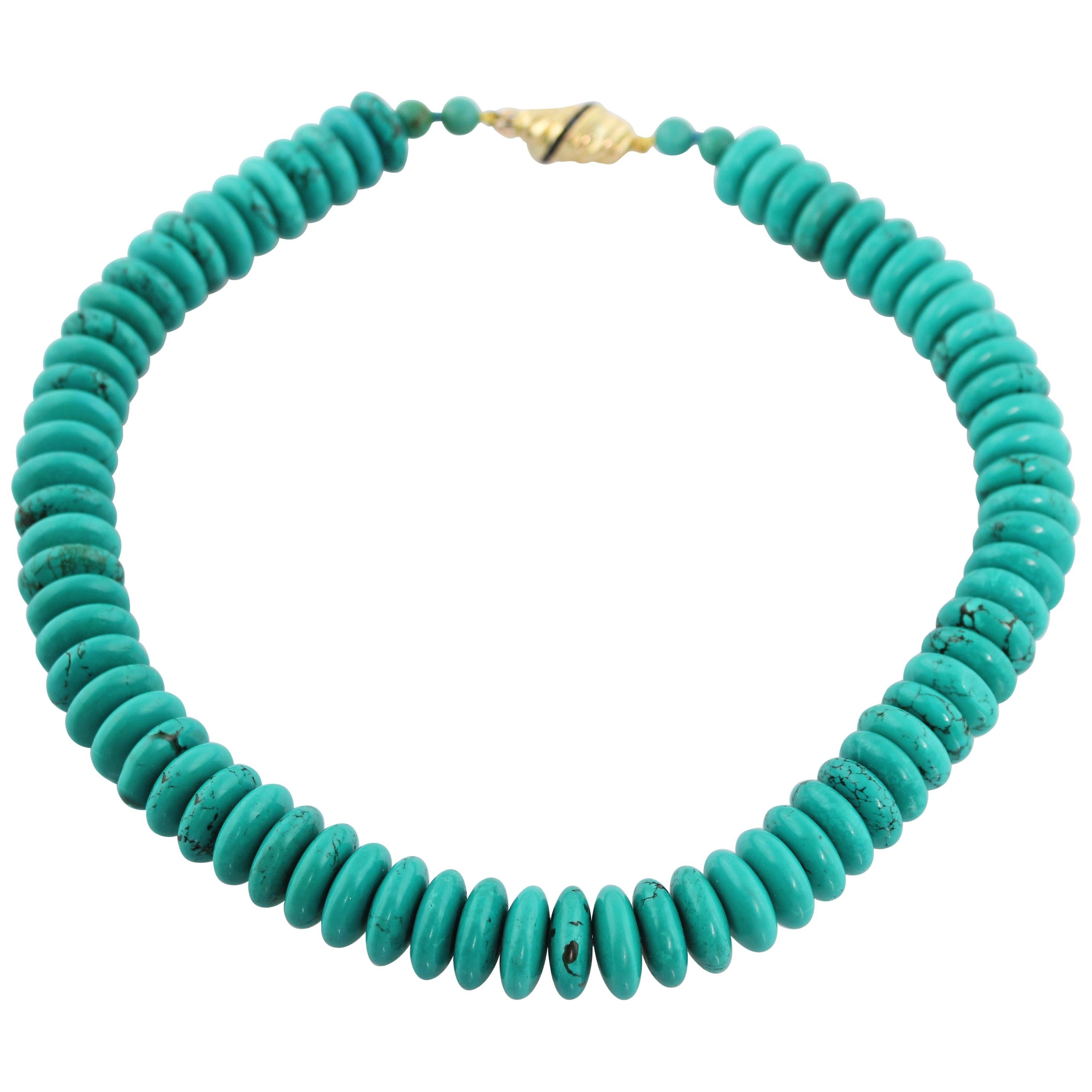 18 Karat Yellow Gold Baguette Sapphires Turquoise Bead Necklace