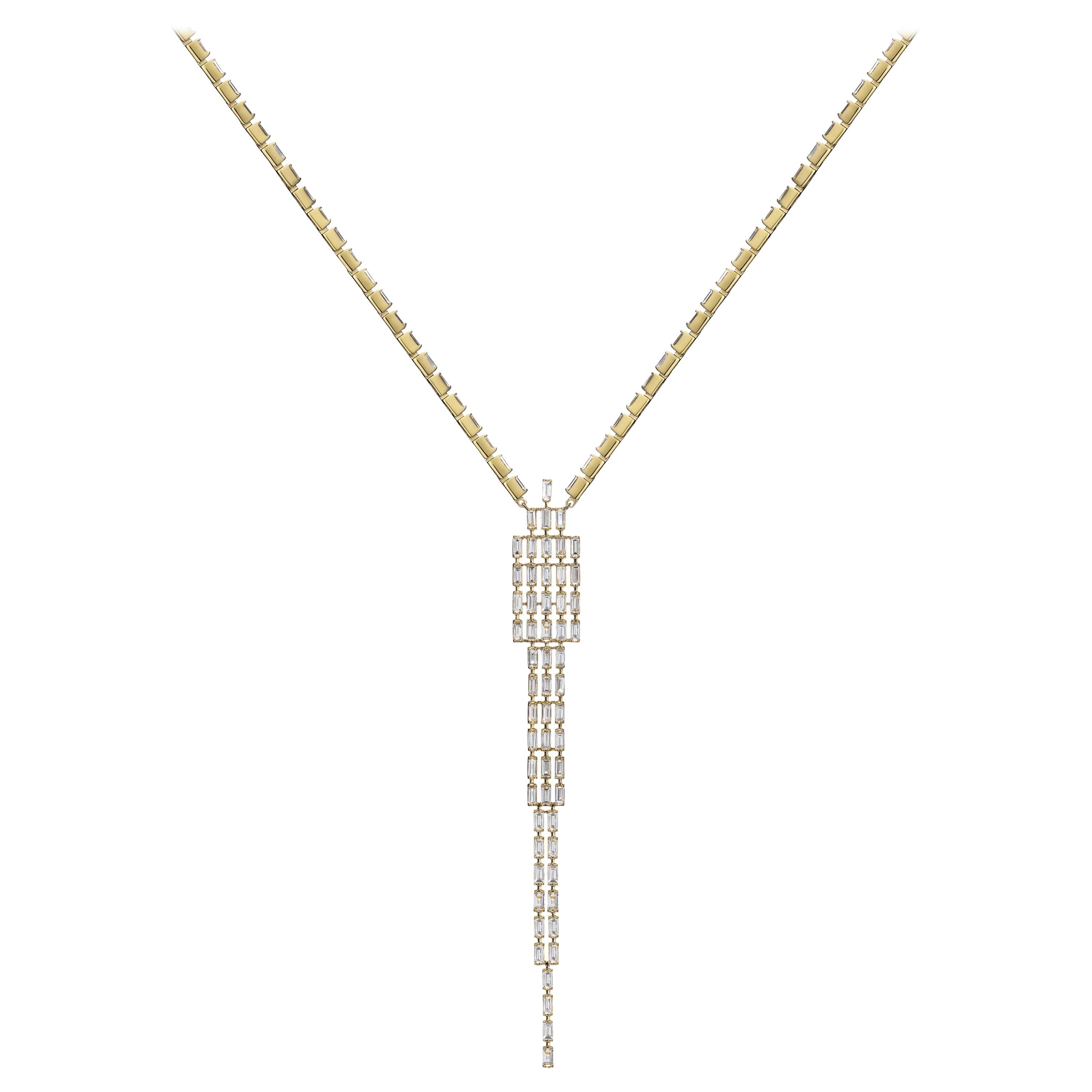 18 Karat Yellow Gold Baguette Tapered Diamond Necklace For Sale