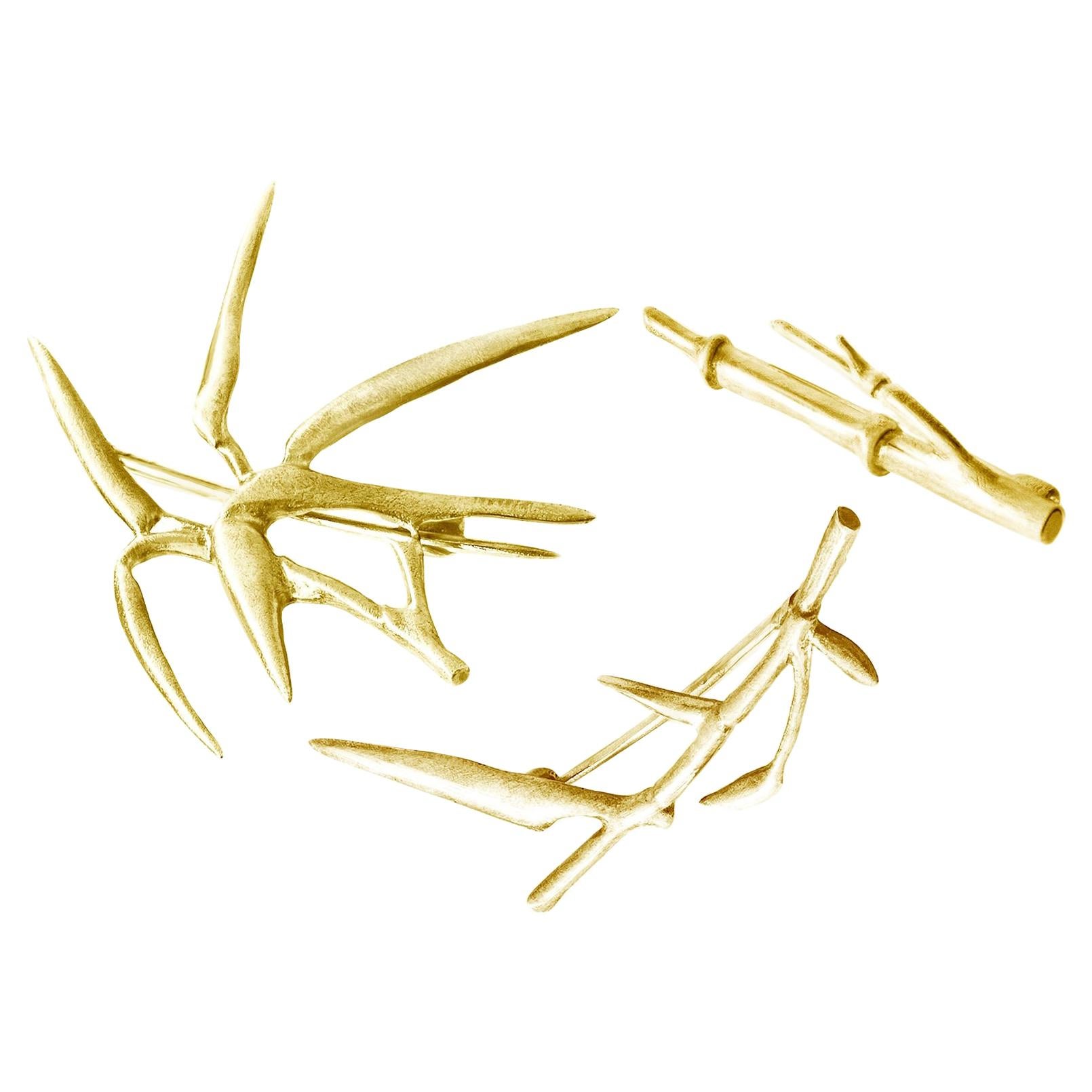18 Karat Yellow Gold Sculptural Brooch Triptych by the Artist Featured in Vogue For Sale