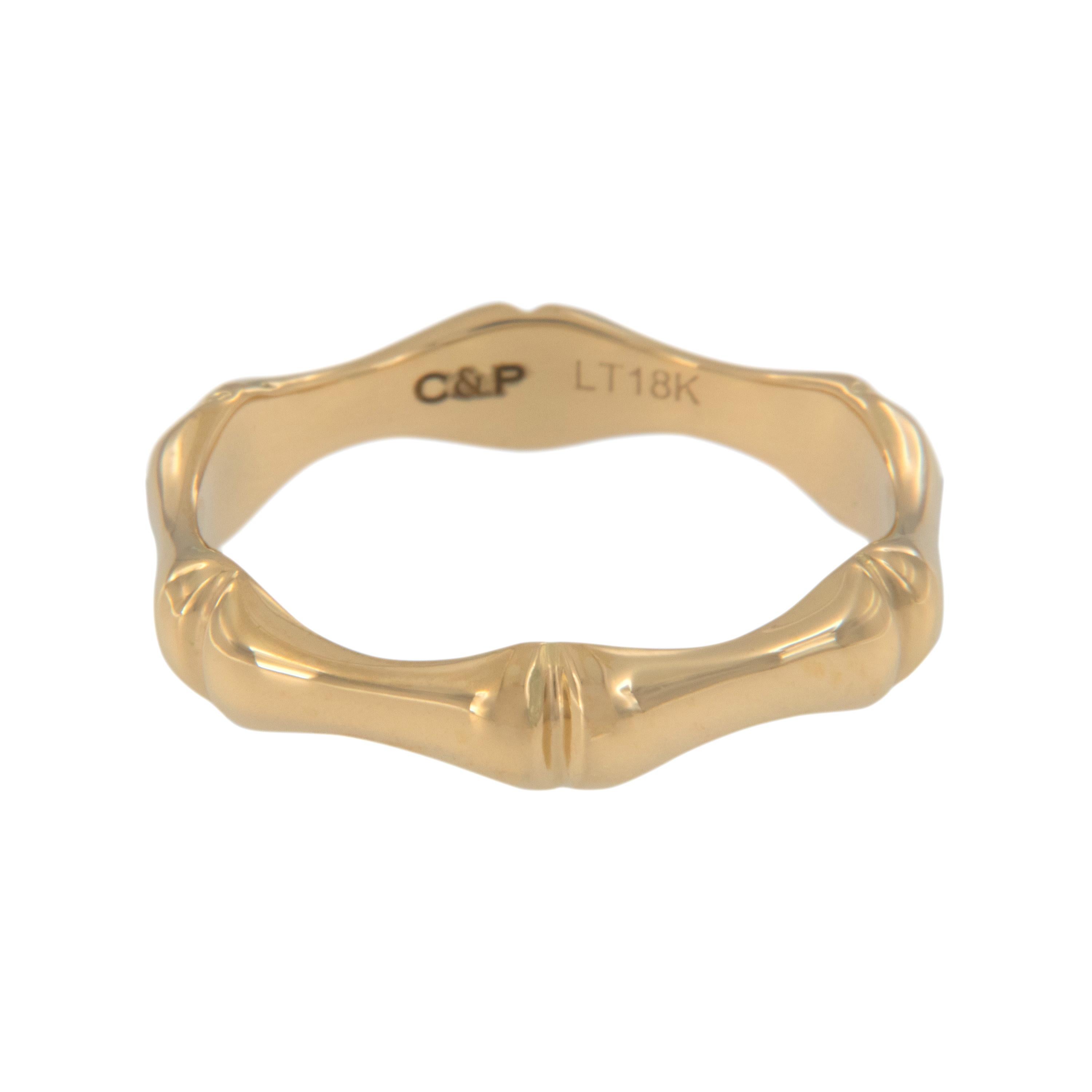18 karat yellow gold bamboo band in a size 7,  3.85-2.22mm wide
In Chinese culture, bamboo symbolizes strength, acceptance of the natural flow, continuous growth and openness to wisdom. What better way to be mindful of these attributes than wearing