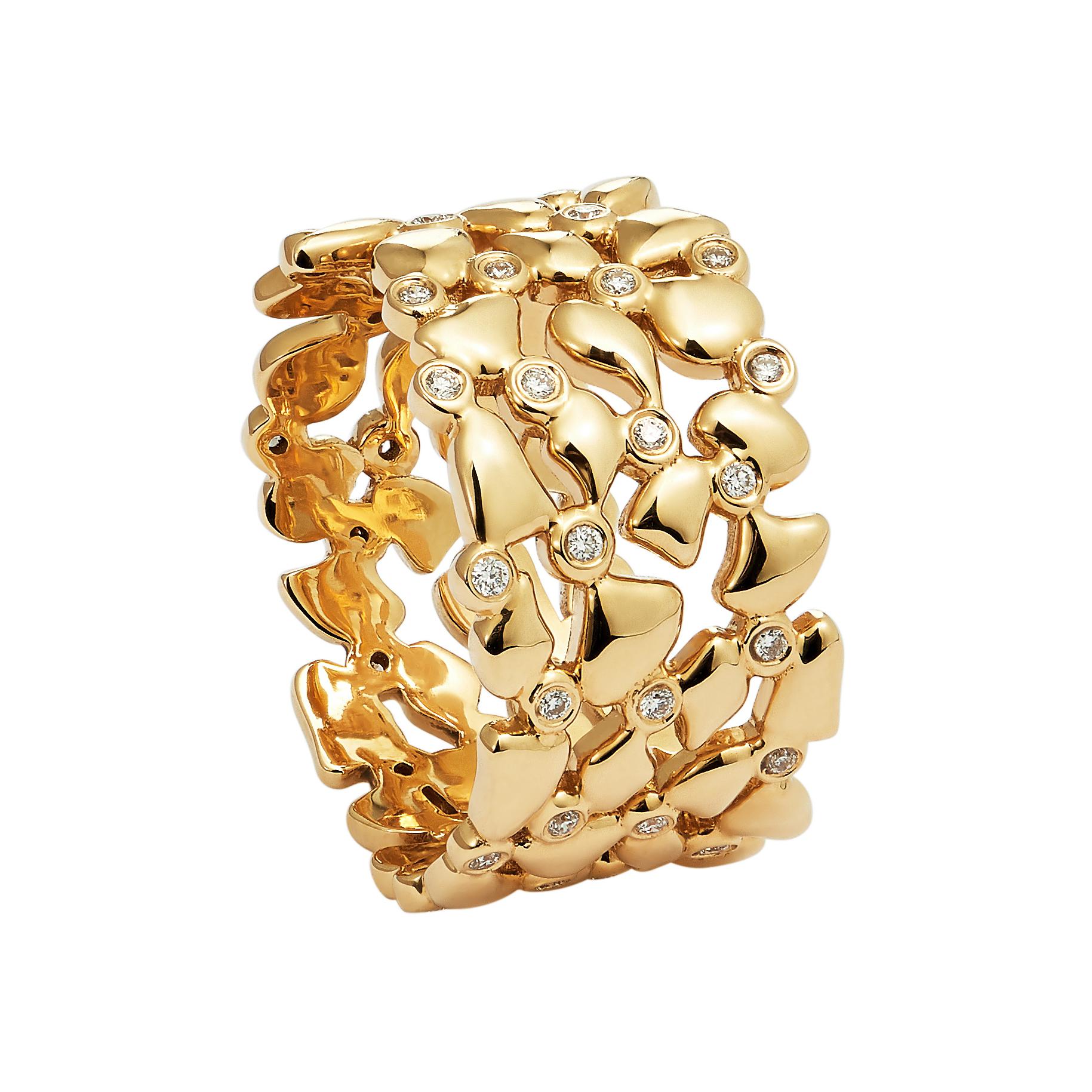 18 Karat Yellow Gold Band Ring Set With Diamonds 

This eye-catching yellow gold ring is perfect for everyday wear and will no doubt attract attention. Part of the Twiga collection, it features 0.25ct diamonds and has an average weight of 9g. 

The
