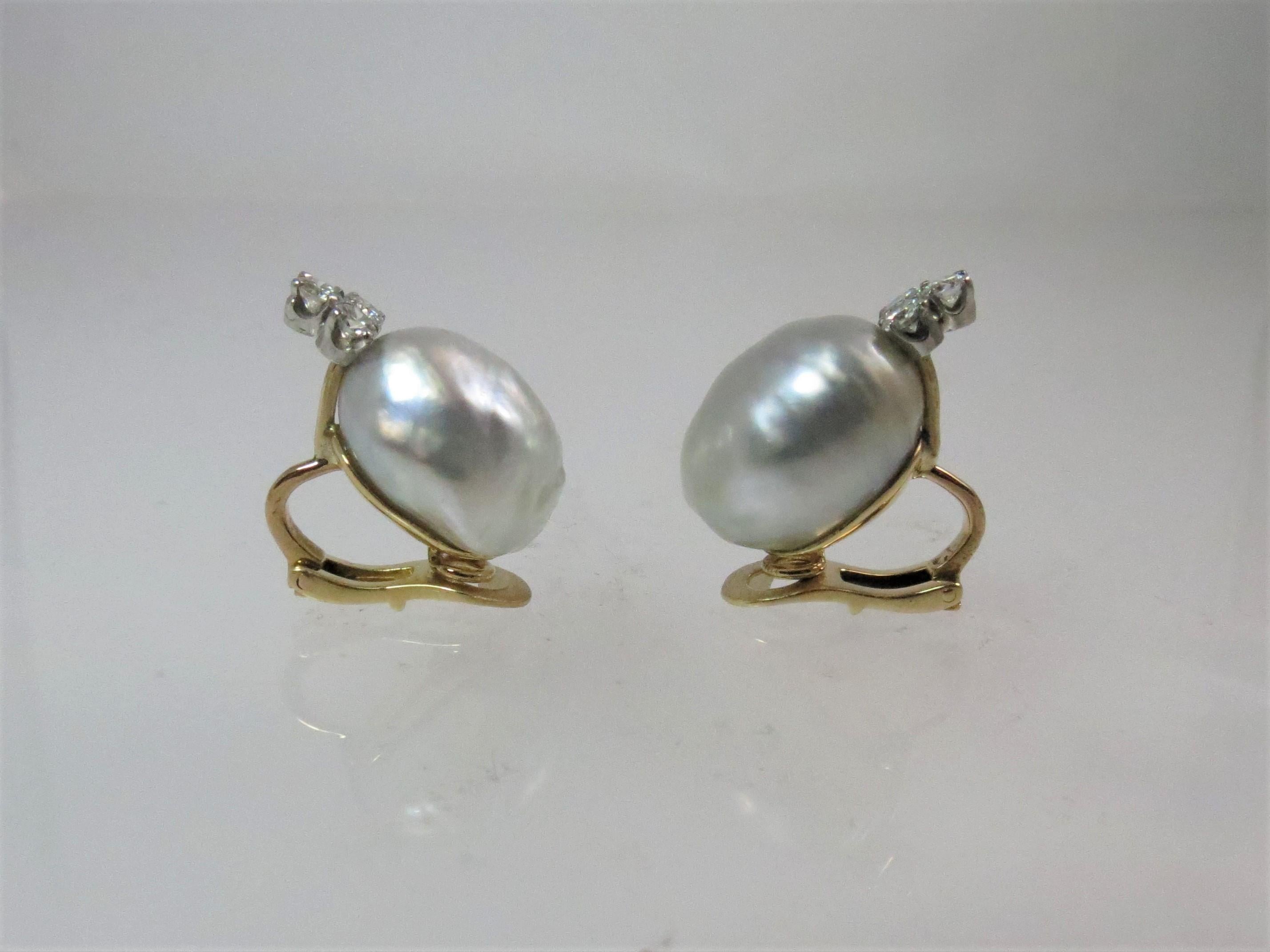18 Karat Yellow Gold Baroque Freshwater Pearl and Diamond Clip Earrings ...