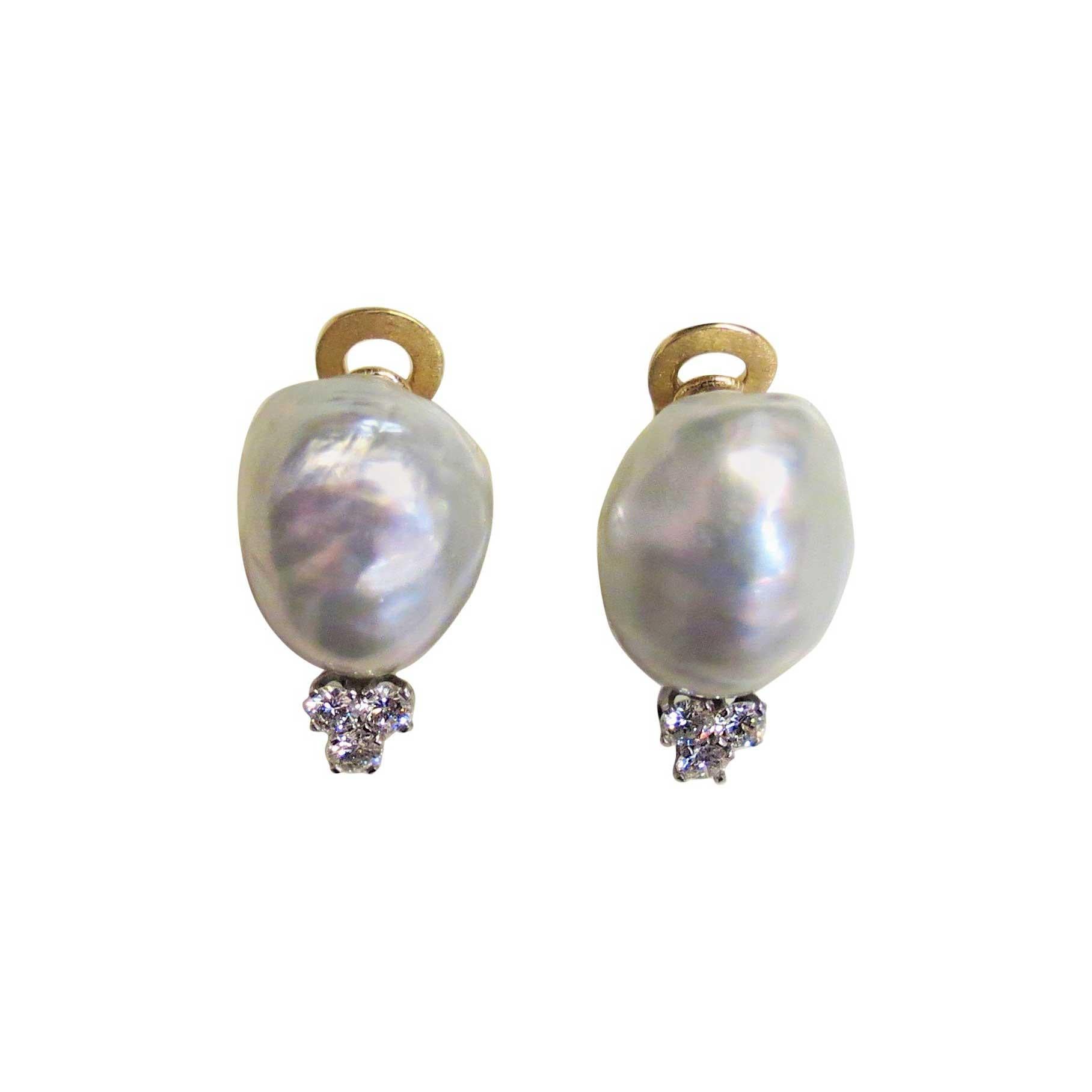 18 Karat Yellow Gold Baroque Freshwater Pearl and Diamond Clip Earrings For Sale