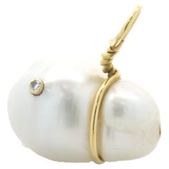 18 Karat Yellow Gold Baroque Pearl and Champagne Diamond Pendant