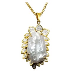 18 Karat Yellow Gold Baroque Pearl and Diamond Pendant
