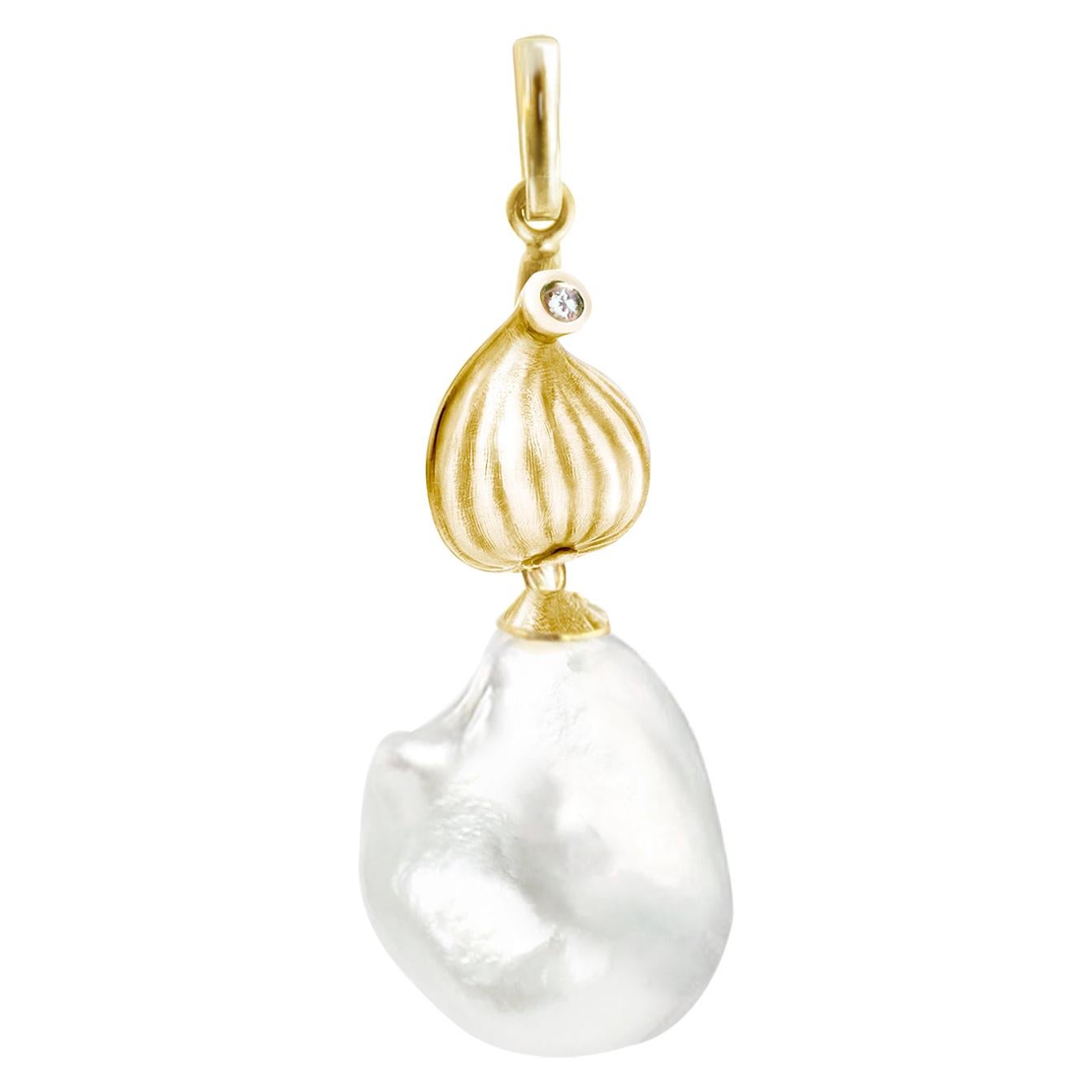 Yellow Gold Baroque Pearl Contemporary Pendant Necklace with Diamond For Sale