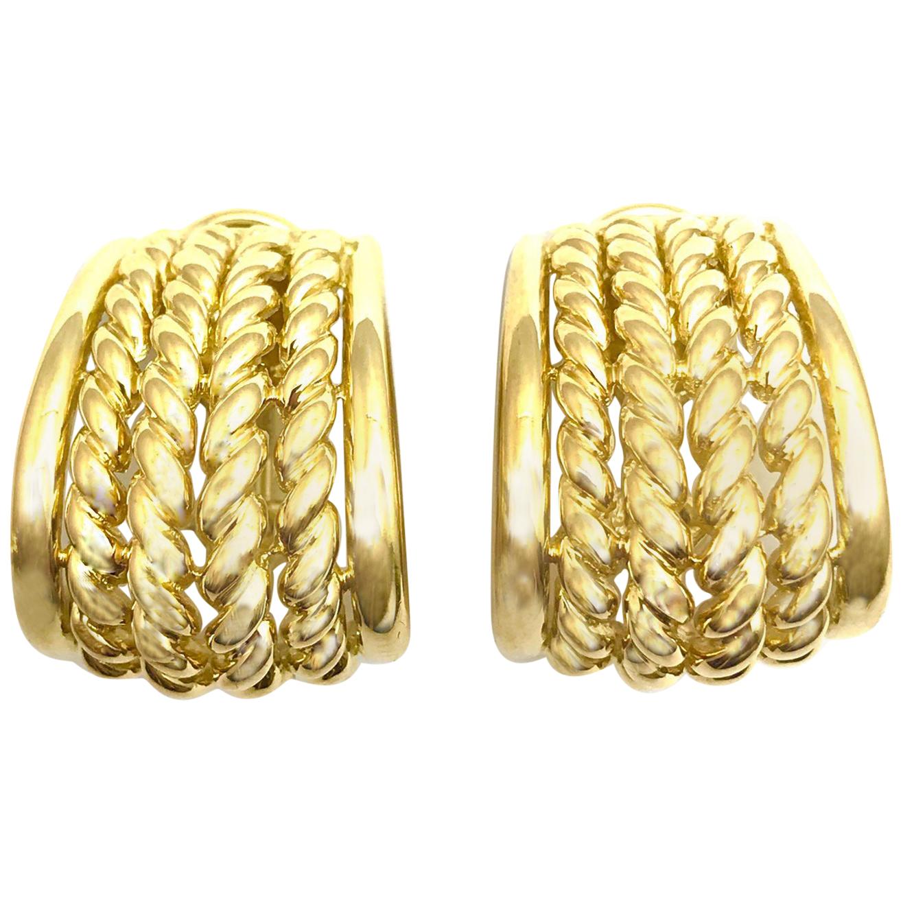 18 Karat Yellow Gold Basket Weave Drop Clip-On Earrings