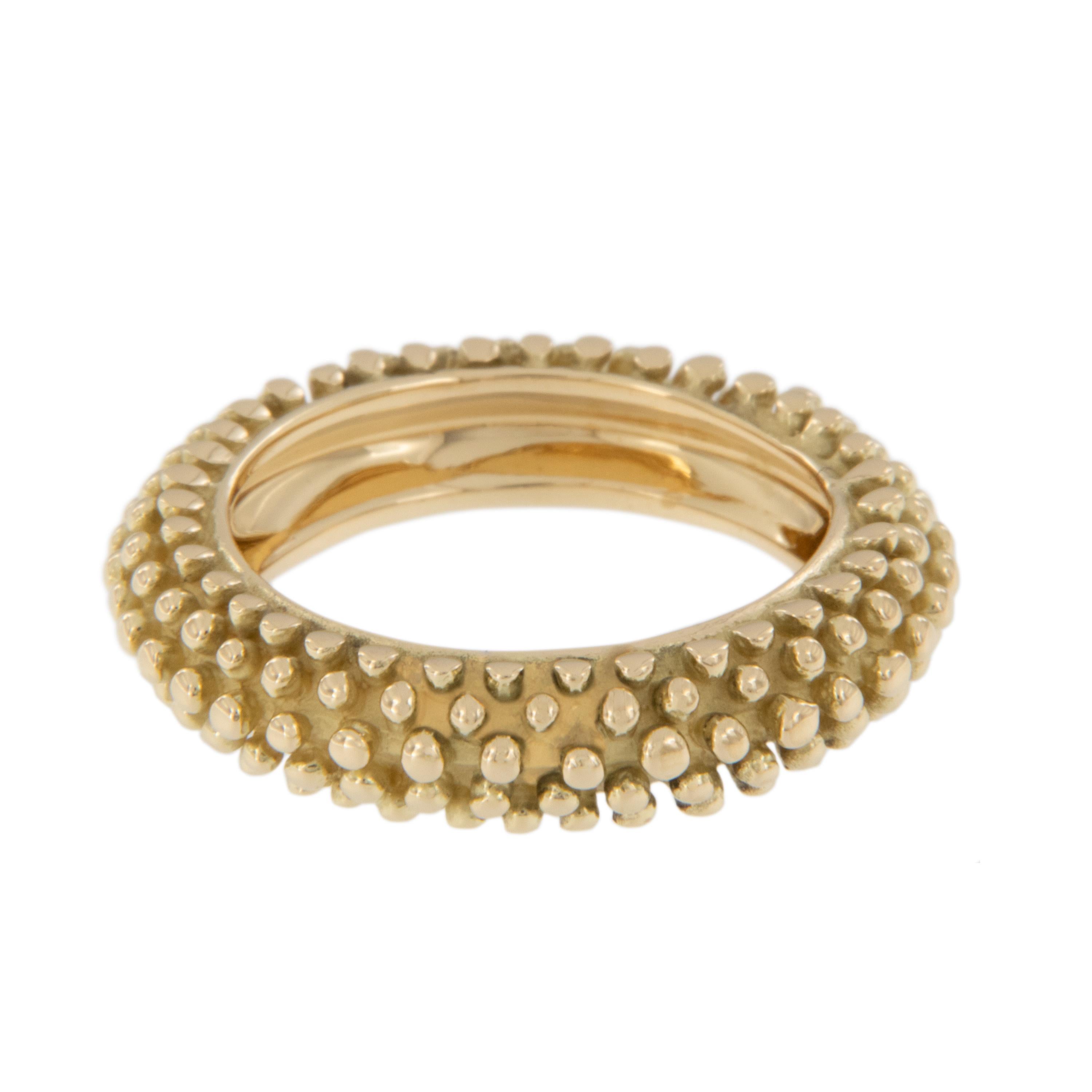 Made from rich 18 karat yellow gold with fun, textured design, this band is a joy to wear! Having a granulated (from Latin: granum = “grain”) surface this ring gives a nod to the Etruscan Style which typically refers to 19th-century jewelry with