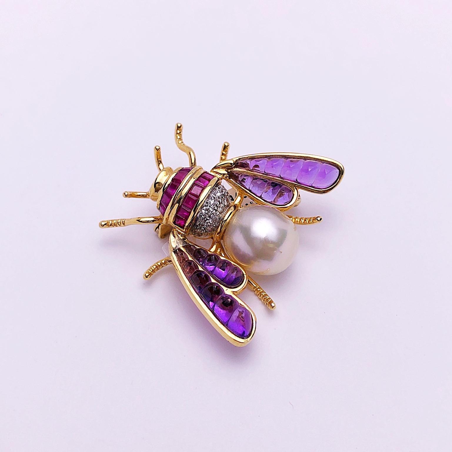Retro 18 Karat Yellow Gold Bee Brooch with Ruby, Diamond, Amethyst and South Sea Pearl For Sale