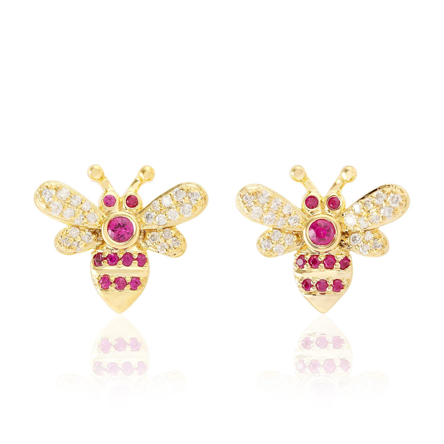Single Cut 18 Karat Yellow Gold Bee Diamond Ruby Stud Earrings For Sale