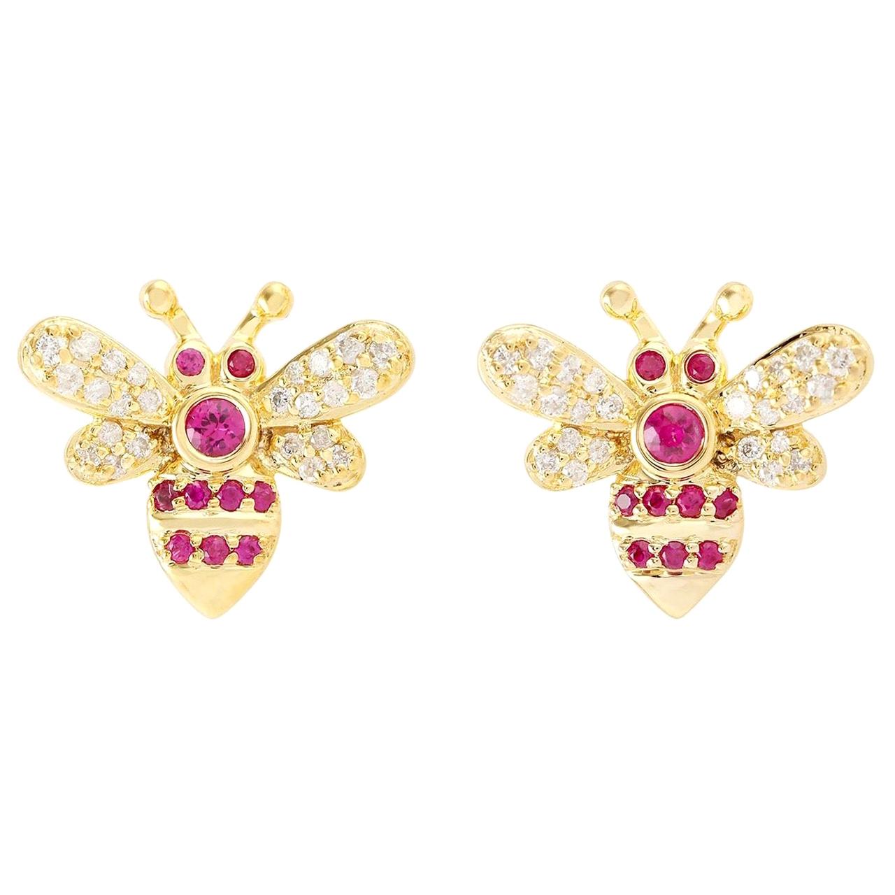 18 Karat Yellow Gold Bee Diamond Ruby Stud Earrings
