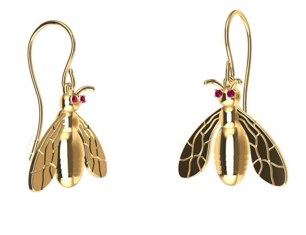 Contemporary 18 Karat Yellow Gold Bee Earrings with Rubies For Sale
