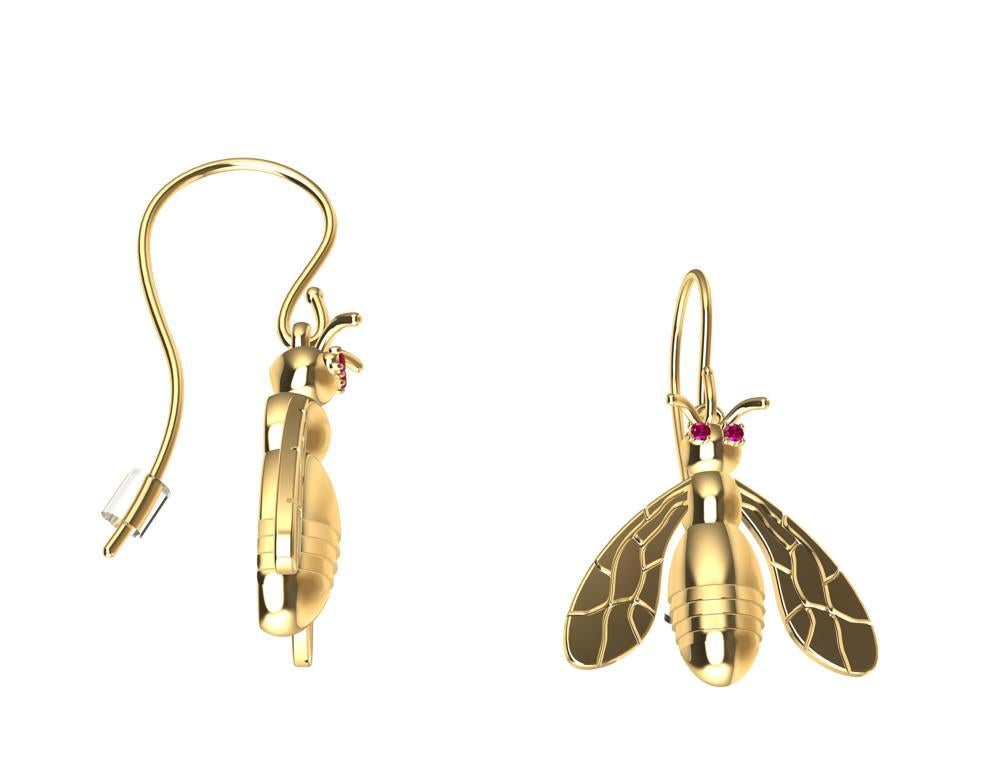 Round Cut 18 Karat Yellow Gold Bee Earrings with Rubies For Sale