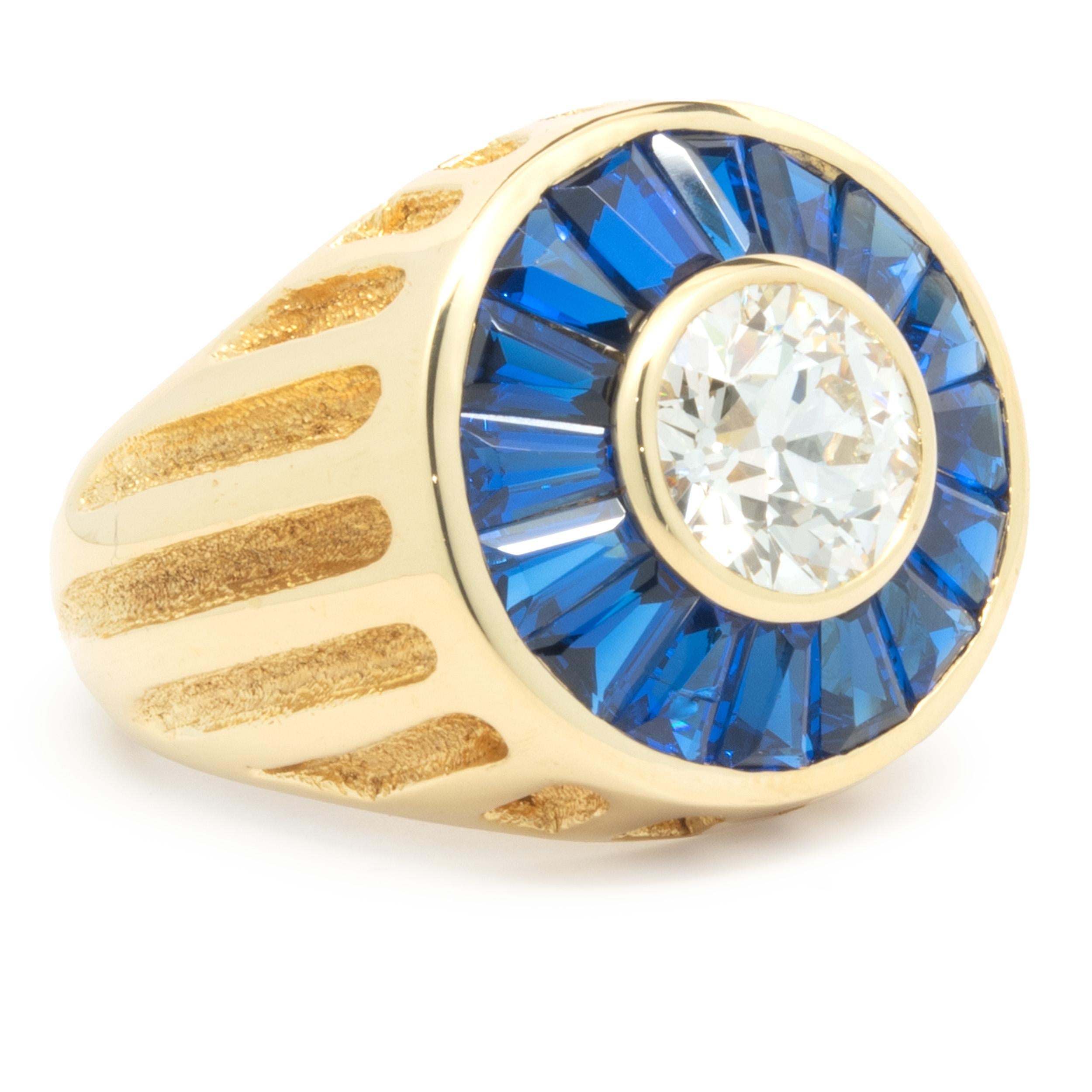 Designer: custom design
Material: 18K yellow gold
Diamond: 1 round European cut = 4.50ct
Color: K
Clarity: VS1
Dimensions: ring top measures 25mm wide
Ring Size: 14.5 (please allow two extra shipping days for sizing requests) 
Weight: 41.20 grams